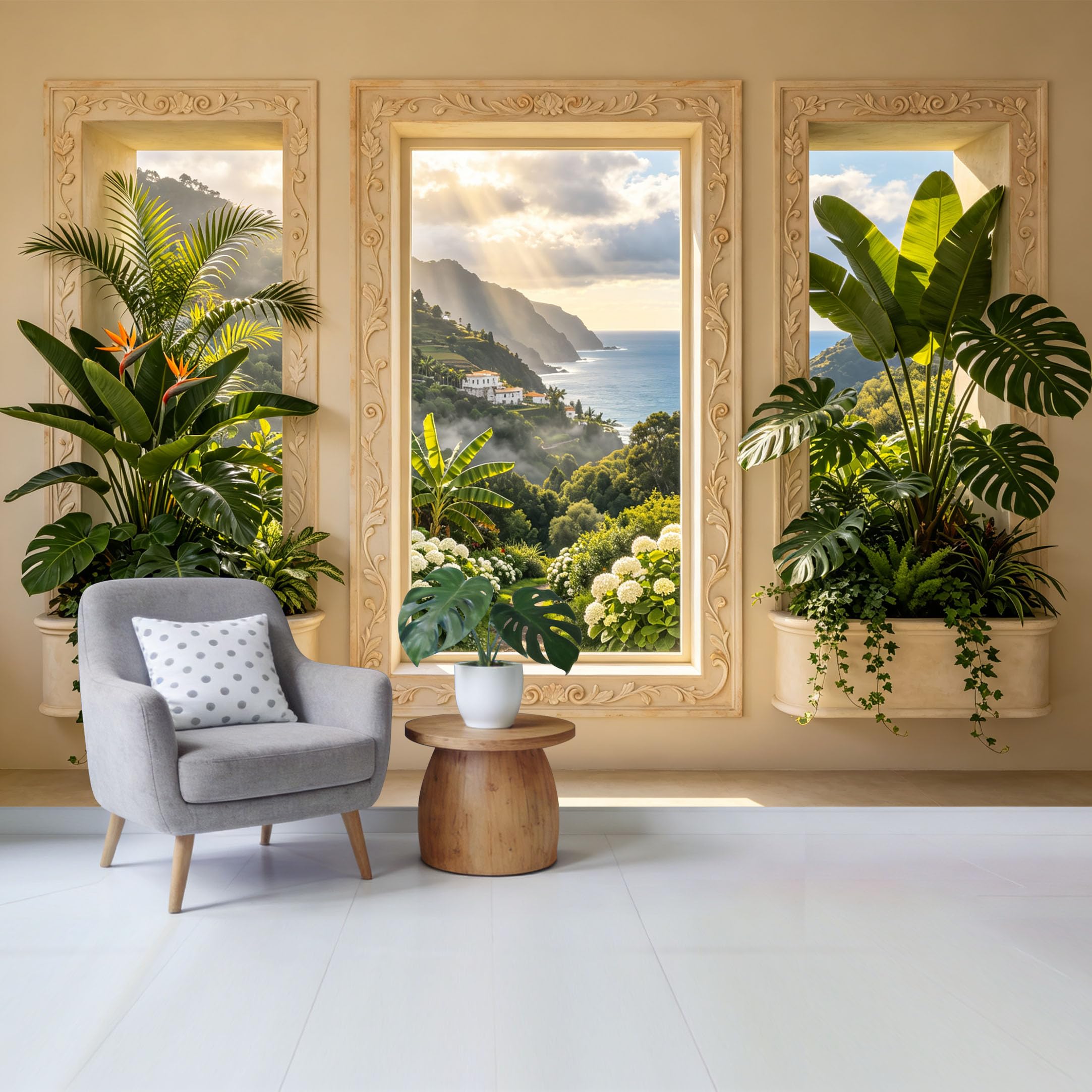 Custom Size Wall Mural Tropical Coastal Landscape Window View with Lush Greenery Ocean Mountains Removable Self Adhesive Fabric Home Wall Decor for Living Room Bedroom Bathroom