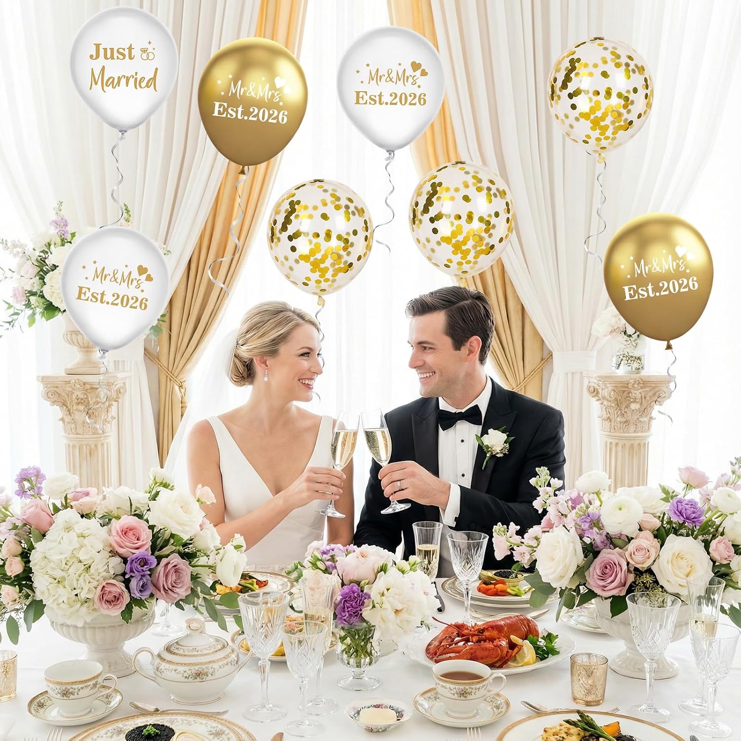 30Pcs Wedding Balloons Est 2026 Mr & Mrs Gold White Confetti Latex Party Supplies 12 Inch Just Married Engagement Decor for Bridal Shower Reception Anniversary Bachelorette for Couples image 4