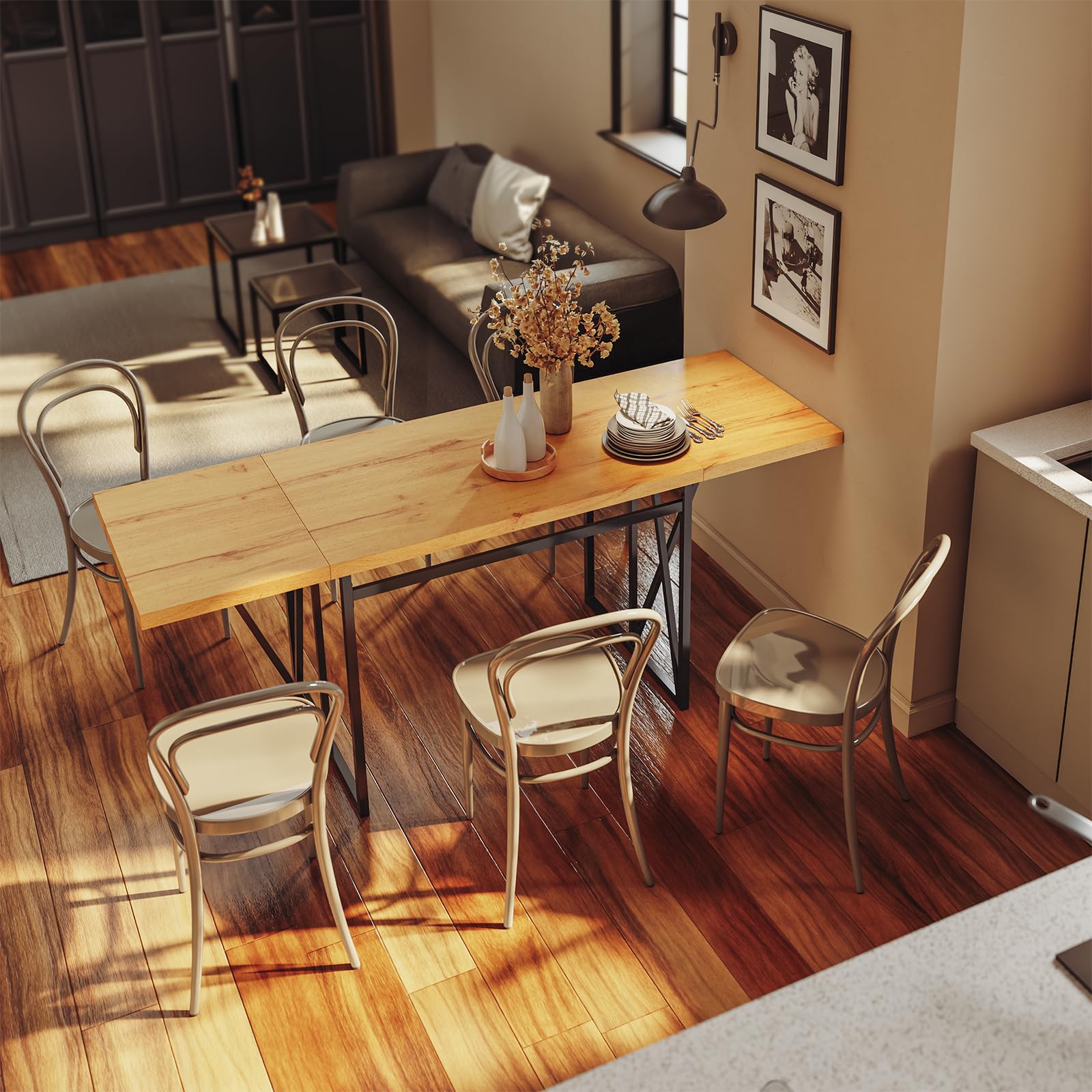 SoBuy Esstisch klappbar für 2-8 Personen, platzsparend, 65x(110-200) x76cm | Küchentisch ausziehbar, stabile Tischplatte in Holzoptik & Metallgestell, für Küche, Esszimmer & Arbeitsbereich, FWT113-N