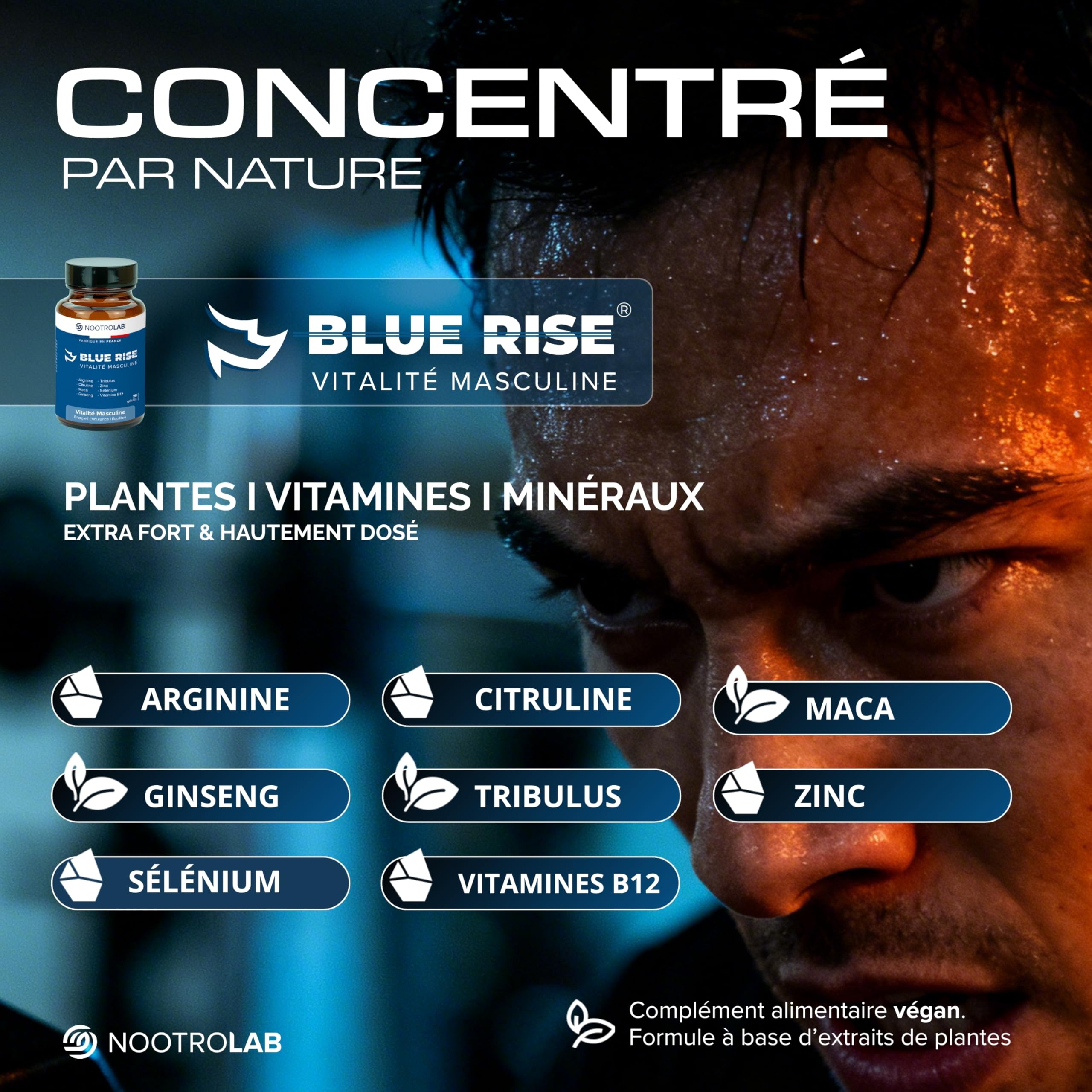 Blue Rise Nootrolab – Vitalité Masculine & Libido – Maca, Ginseng, Tribulus, Arginine, Citrulline – Zinc, Sélénium, Vitamine B12 – Énergie, Endurance, Testostérone – 90 Gélules – Fabriqué en France