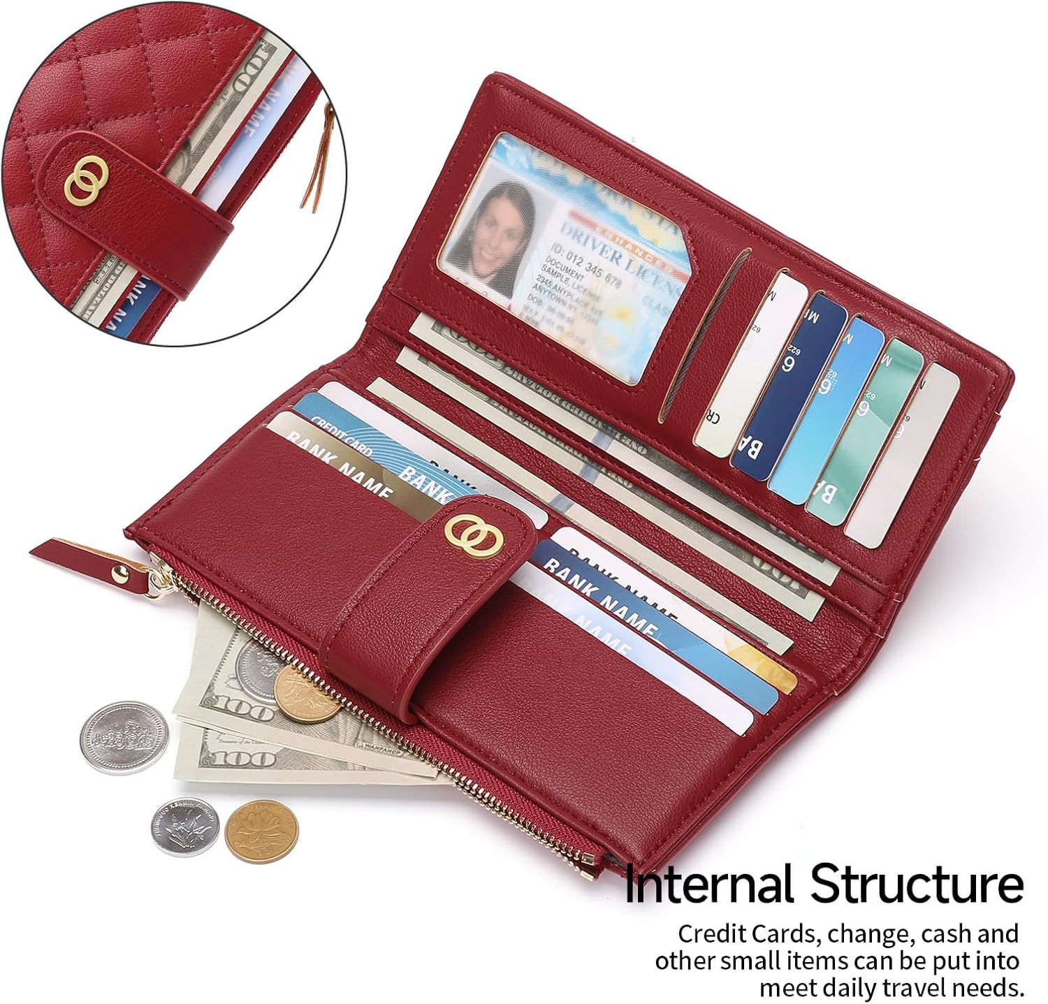 Womens Wallet Slim Rfid Blocking Bifold Leather Credit Card Wallets for Women Clutch with Zipper Coin Pocket - Image 3