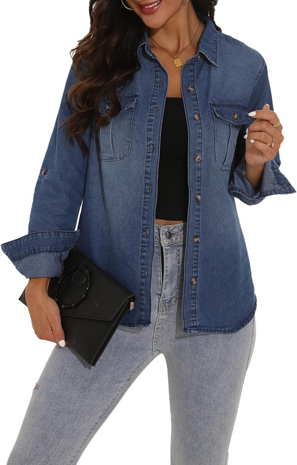 GUANYY Womens Denim Button Down Shirt Long Sleeve V Neck Jean Shirts Western Chambray Blouse Top - Image 5