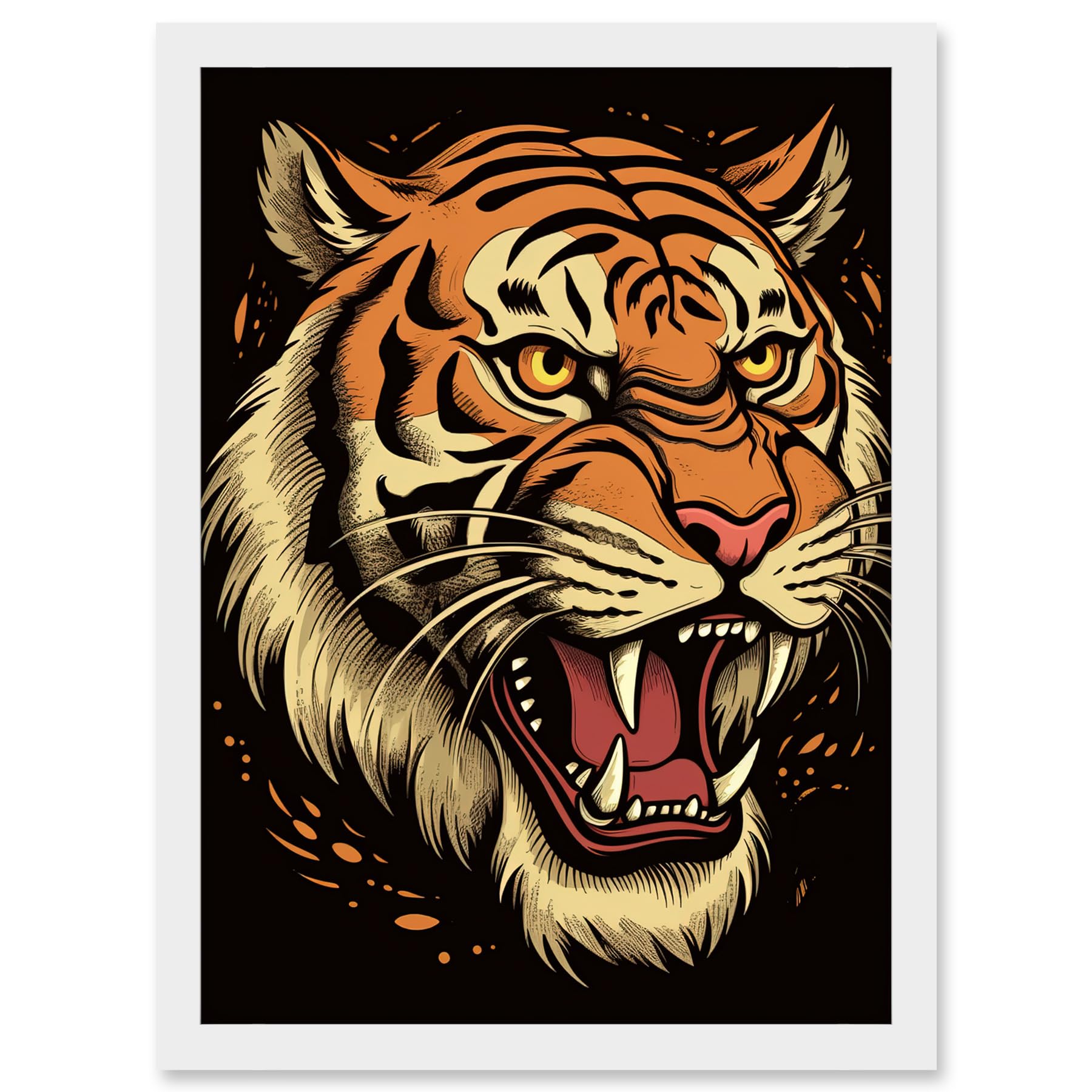 Artery8 Old School USA Tattoo Ink Body Art Growling Tiger Rockabilly Americana 50s Artwork Framed A3 Wall Art Print