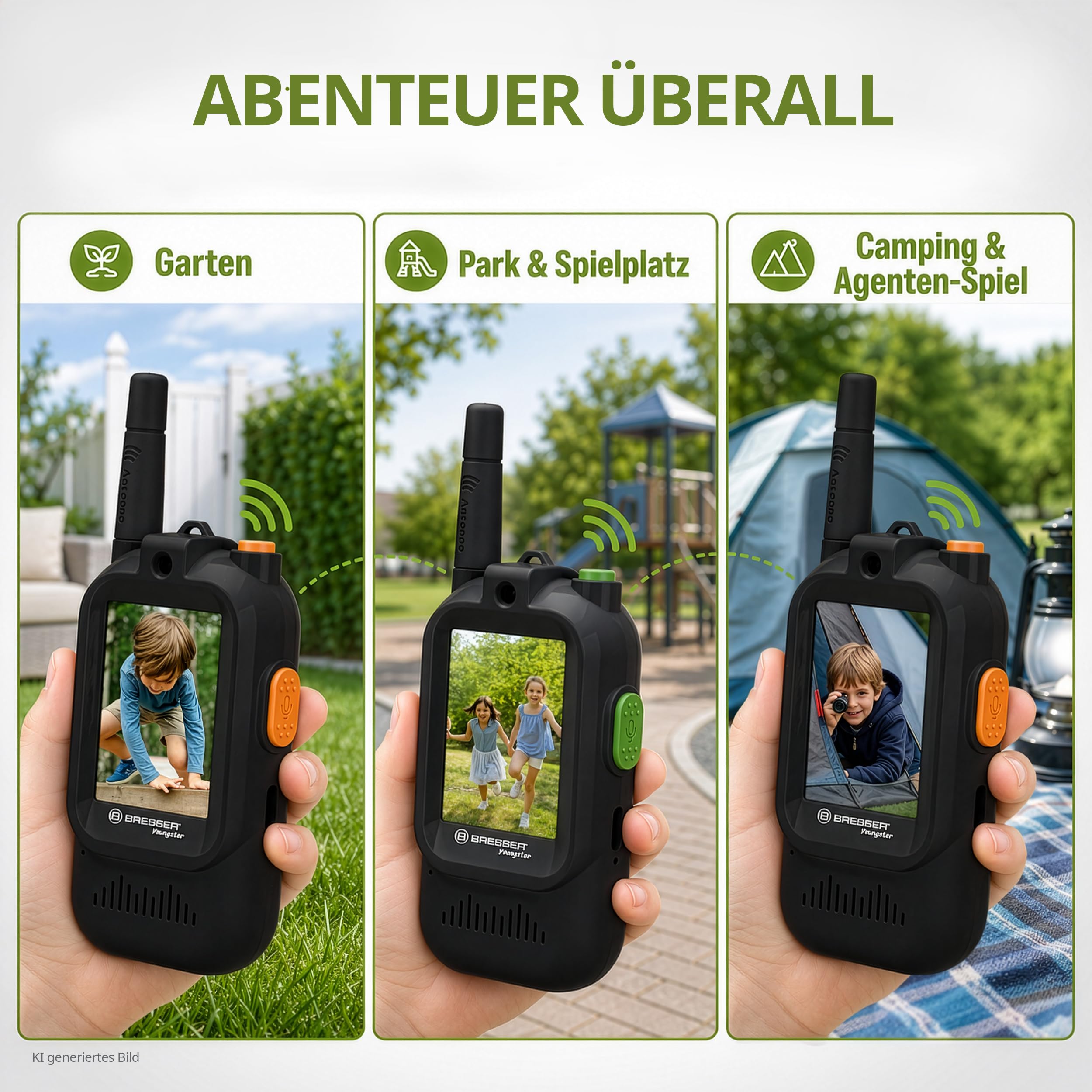 Bresser Youngster Video Walkie Talkie per bambini con display da 2 pollici, batteria ricaricabile, cambia voce, cavo di ricarica USB C