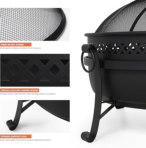 Miniatura 10 de SUNCREAT Hoguera de patio de 42 pulgadas con pantalla de malla para chispas, hoguera al aire libre con póker para chimenea, color negro