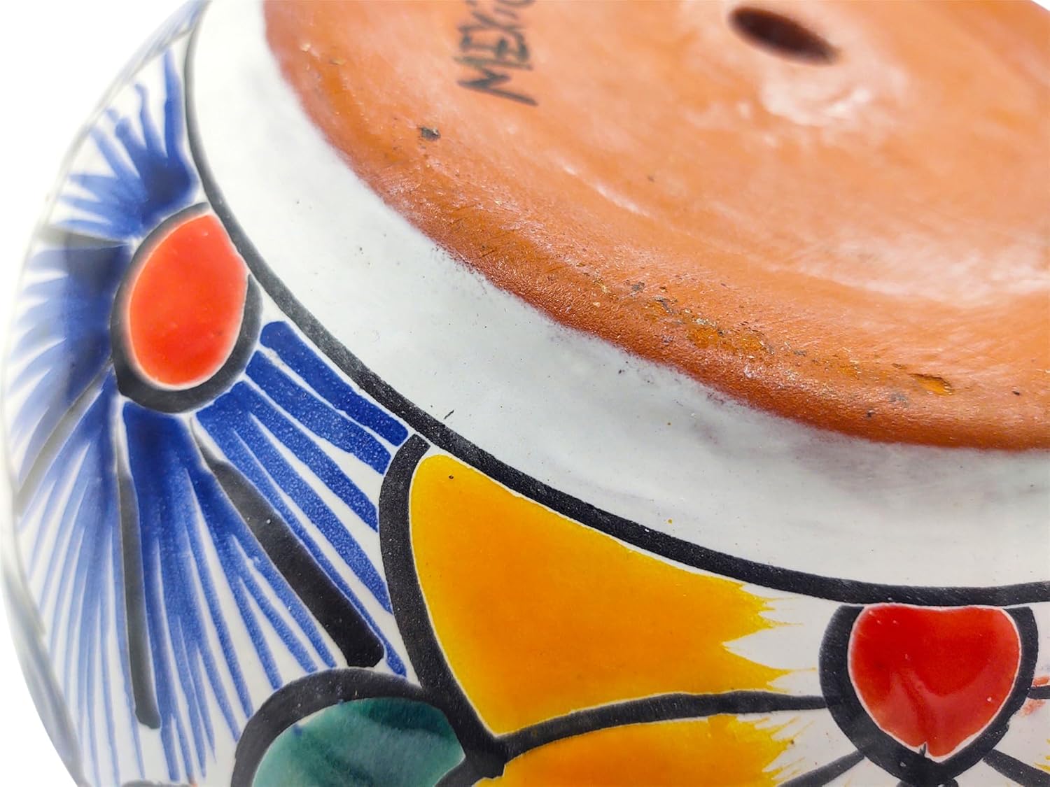 Cactus Canyon Ceramics Talavera Ceramic Planter, Hand-Painted Mexican Floral Print Plant Pot, Indoor Outdoor Round Bowl with Drainage Hole, Rustic Terracotta Decor, 8.5 Inch, Dark Blue Multicolor