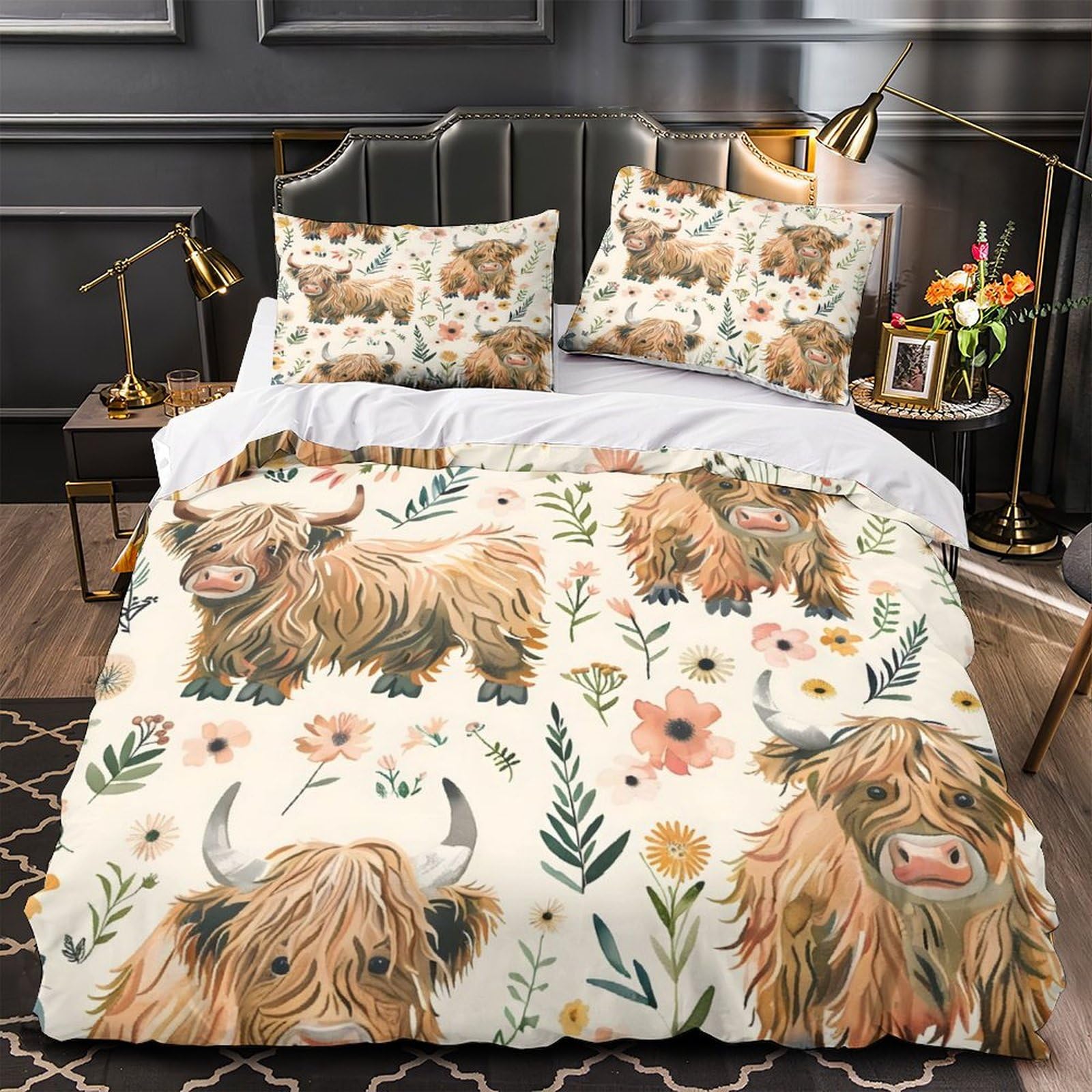 Boho Highland Cow - Farm Animal Duvet Cover Set Comforter Cover Bedding Set for Teens Adults Breathable 3Pcs All Season Quilt Set with Zipper Closure,Easy Care,Easy Care Durable Super King（260x220cm）