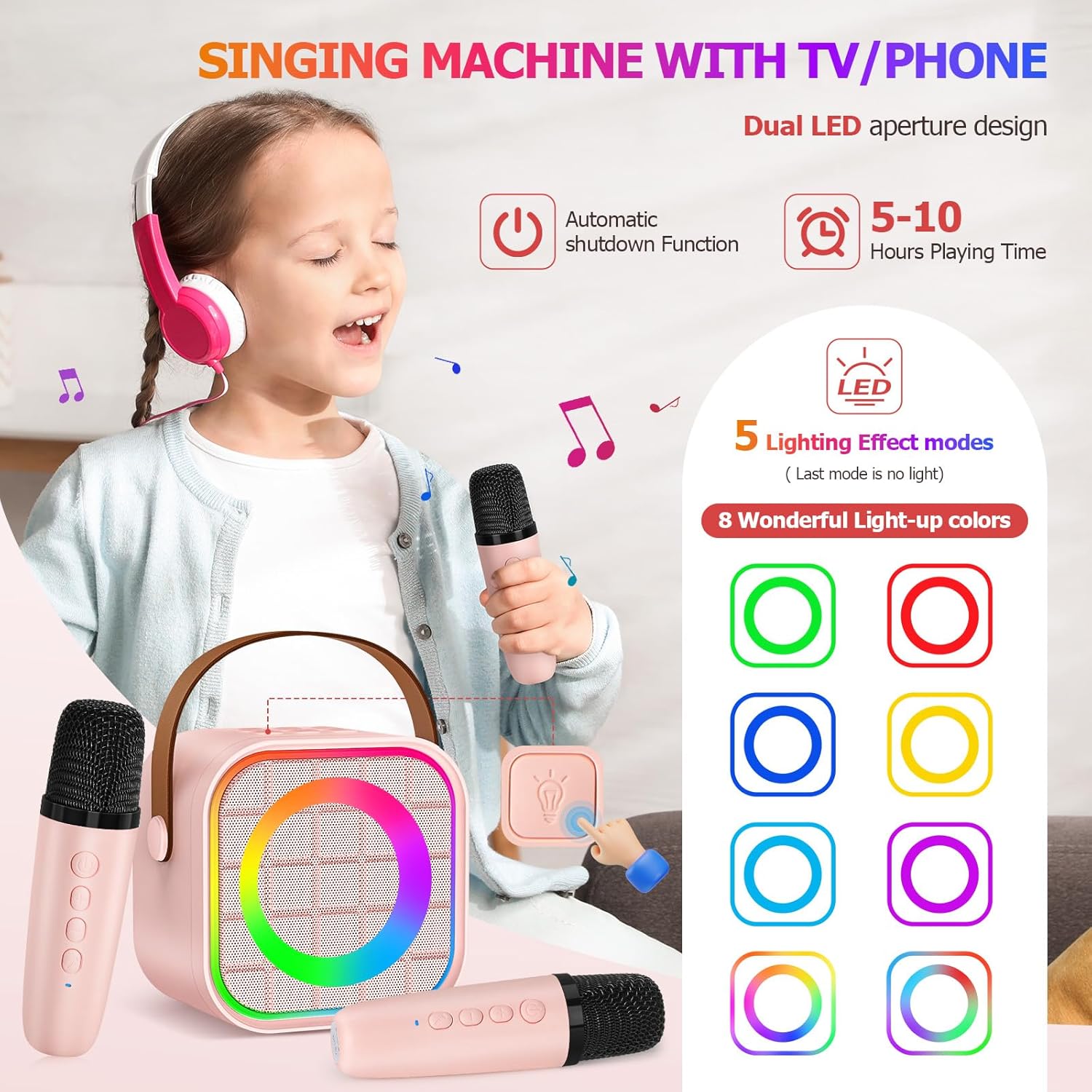 Mini Karaoke Machine with 2 Wireless Microphone, Portable Pink Bluetooth Speaker for Kids Adult, Birthday Teen Toys Gifts Ideas for Girls Ages 4 5 6 7 8 9 10 11 12+ Year Old, Family Home Party - Image 3