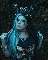 Vista 2 de MOSTORY Diadema hecha a mano con cuernos de ciervo negro, corona de elfo gótico, corona de elfo, bosque oscuro, mariposa, para mujeres y niñas