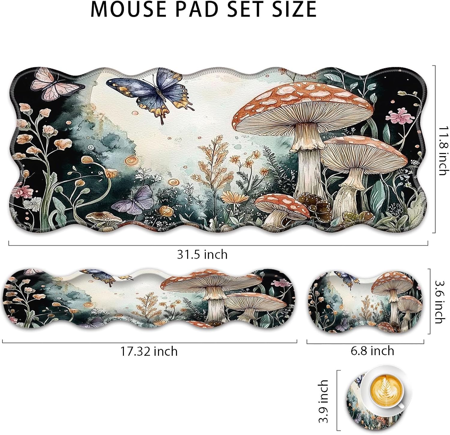 4 in 1 Desk Mat Set,Mouse Pad with Keyboard Wrist Rest,Wave-Shaped Design,Non-Slip Rubber Base,Waterproof,for Home,Office,Gaming,Mushrooms and Butterflies