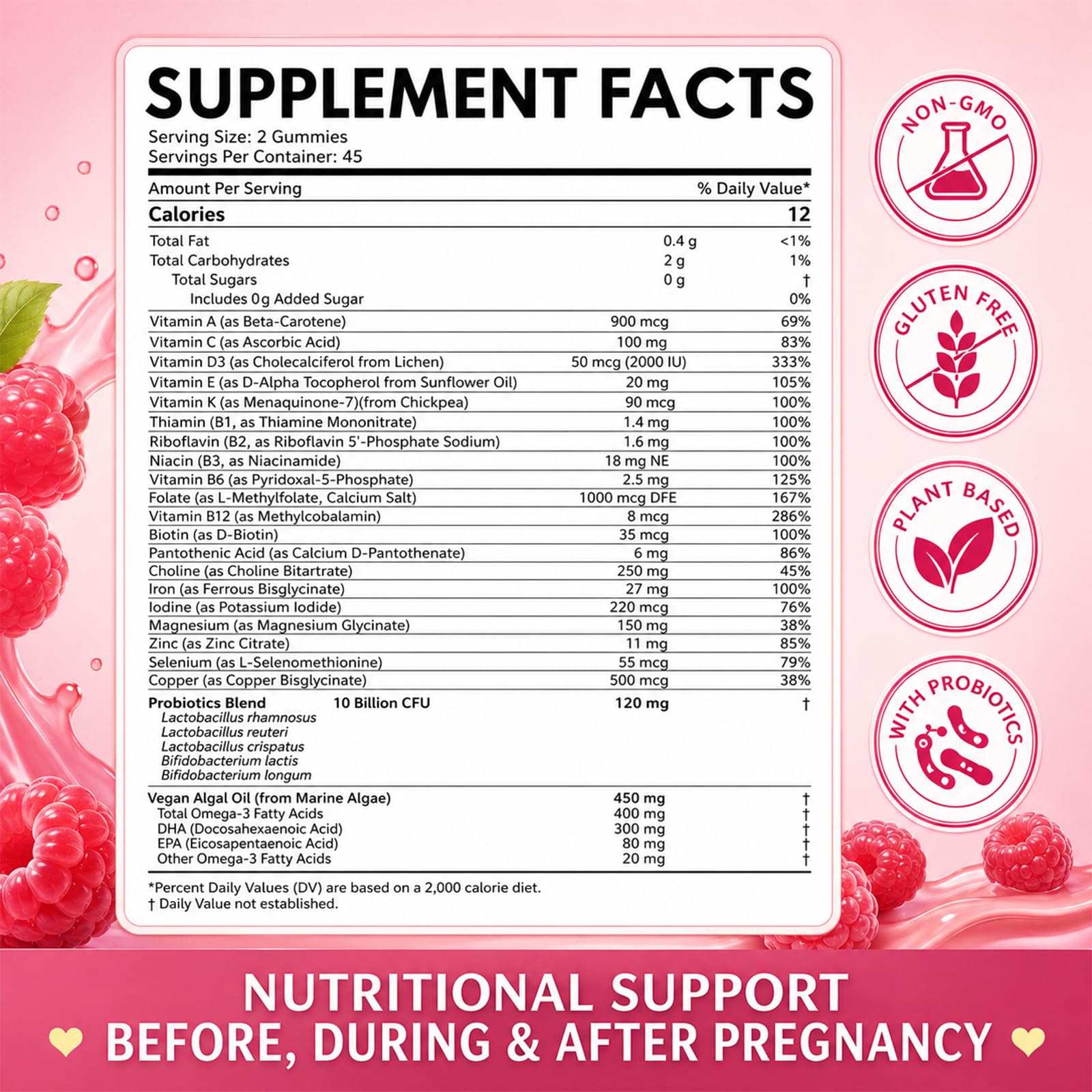 Prenatal Vitamins for Women Gummies, Methylfolate 1mg, Choline, Omega 3 DHA EPA, Iron, Probiotics & B Complex, Postnatal Vitamins for Breastfeeding, Sugar Free Vegan, Mixed Berry, 90 Count — Amazon image 8