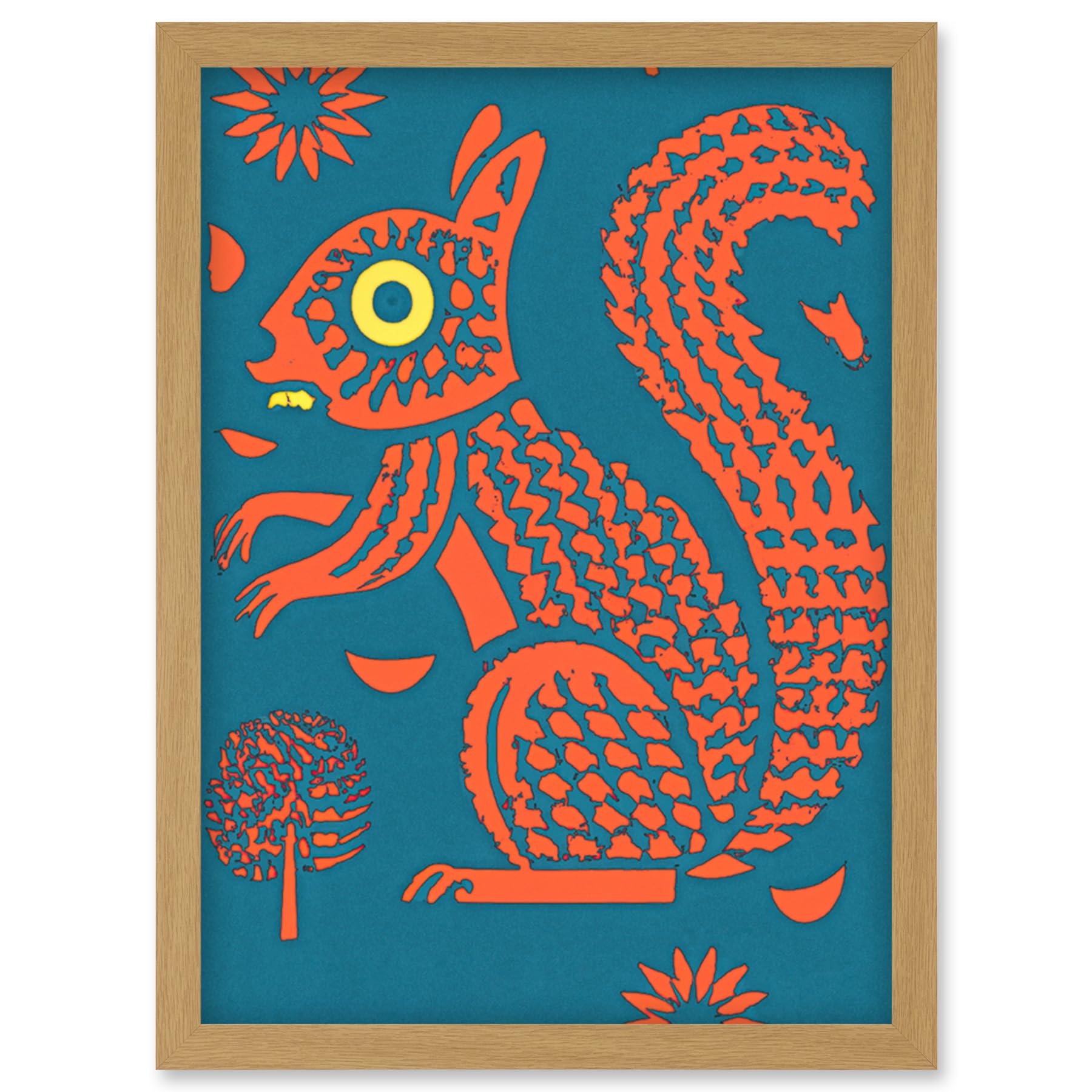 Artery8 Squirrel Colour Block Modern Folk Art Linocut Artwork Framed Wall Art Print A4