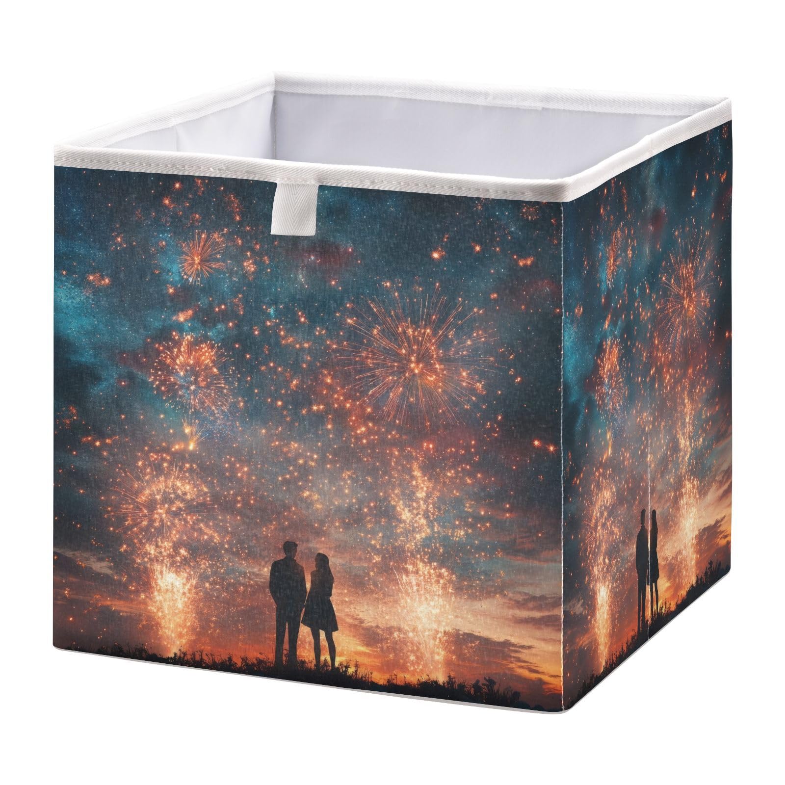 Valentine's Day Fireworks Storage Cubes - 11 Inch Fabric Collapsible Cute Storage Bins Closet Baskets with Handles for Clothes, Toys, Books Organization