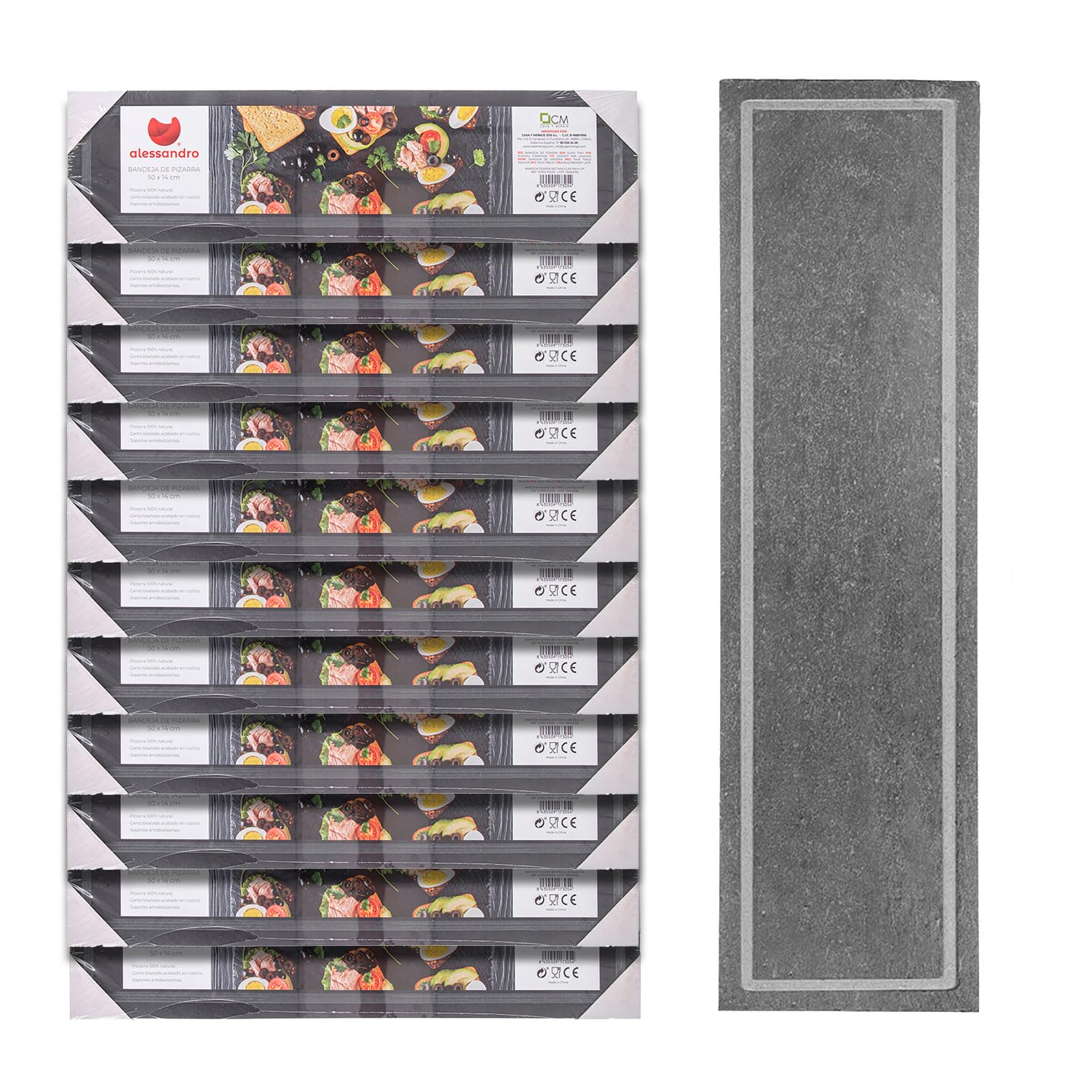 TWO TIGERS Bandejas de Pizarra Natural Rectangular. Pack 12 Unidades. Tabla de Cortar Alimentos, Tapas, Aperitivos, Quesos, Embutidos. Conserva Calor y Frío. Hostelería (50x14cm 12 Uds)