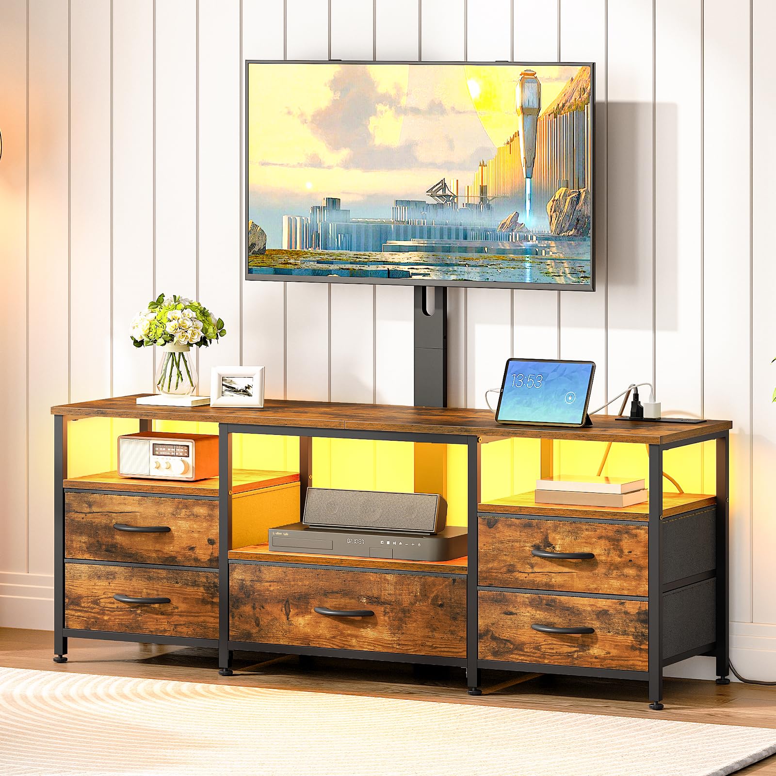 HOOBRO TV Stand with Mount and Power Outlet, for 32/45/55/60/65 inch TVs, Swivel Led Entertainment Center with Drawers, Adjustable Media Console for Living Room, Bedroom, Rustic Brown BF130UDDS01