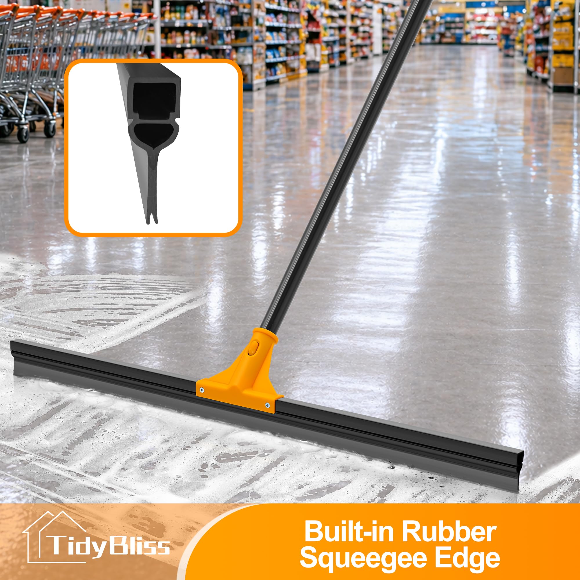 TidyBliss 76 cm Escoba de Goma para Suelo con Mango Adjustable 148 cm, Escobilla Caucho para Limpiar Ducha Azulejo Hormigón Baño Mármol Cristal Garaje Tienda Cubierta Ventana Patio Jardín (Naranja)