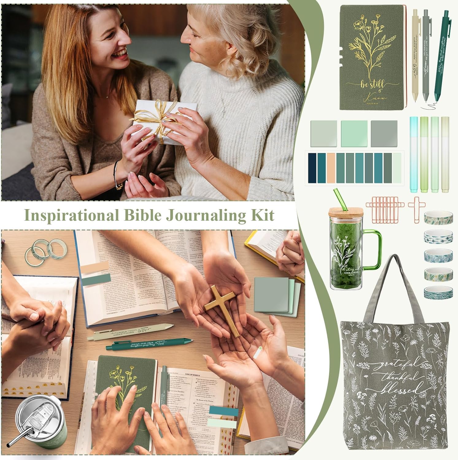 29 Pcs Bible Journaling Kit Christian Glass Cup Canvas Bag Leather Notebook Highlighters and Pens Sticky Notes Tapes Paper Clips Bible Study Supplies for Mom Pastor's Wife(Green) - Image 7