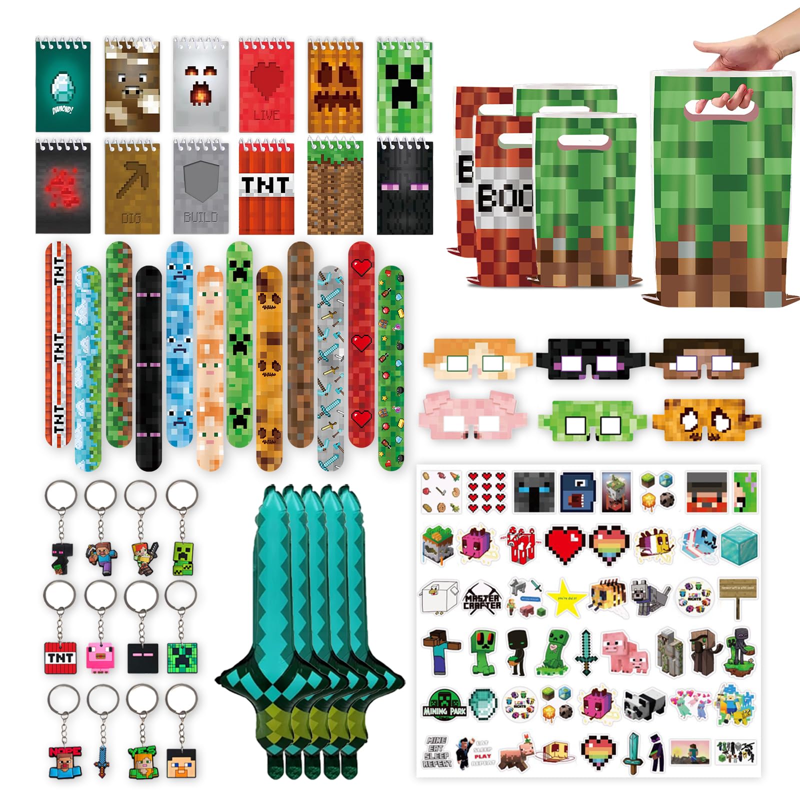 Photo 1 of 120 PCS Party Favors for Pixel Theme Birthday Party Supplies, Goodie Bag Stuffers Favors includes 50 Stickers, 12 Gift Bags,12 Wristbands,12 Keychains,10 Sword Foil Balloons,12 masks,12 Mini Notepads.