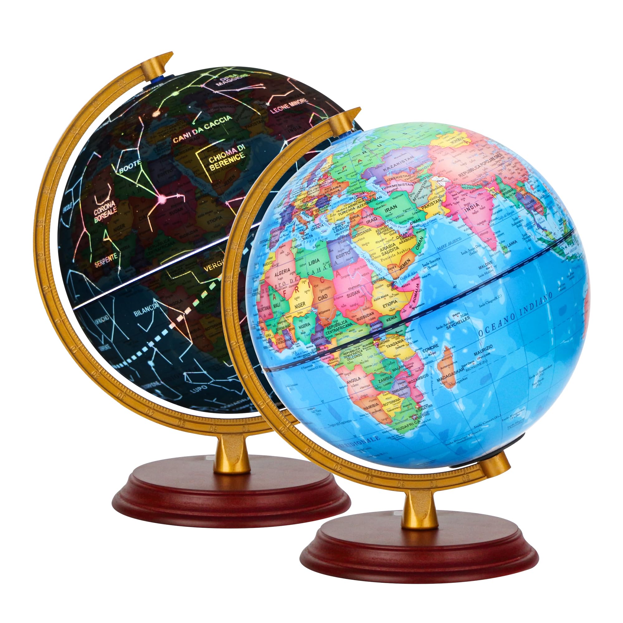 Exerz Italian 20 Cm Illuminated Globe, Wooden Base, Map In Student Globe, Political Map (Time Of Day), Stars Constellations (Night), 2 In 1 Luminous Led Lamp