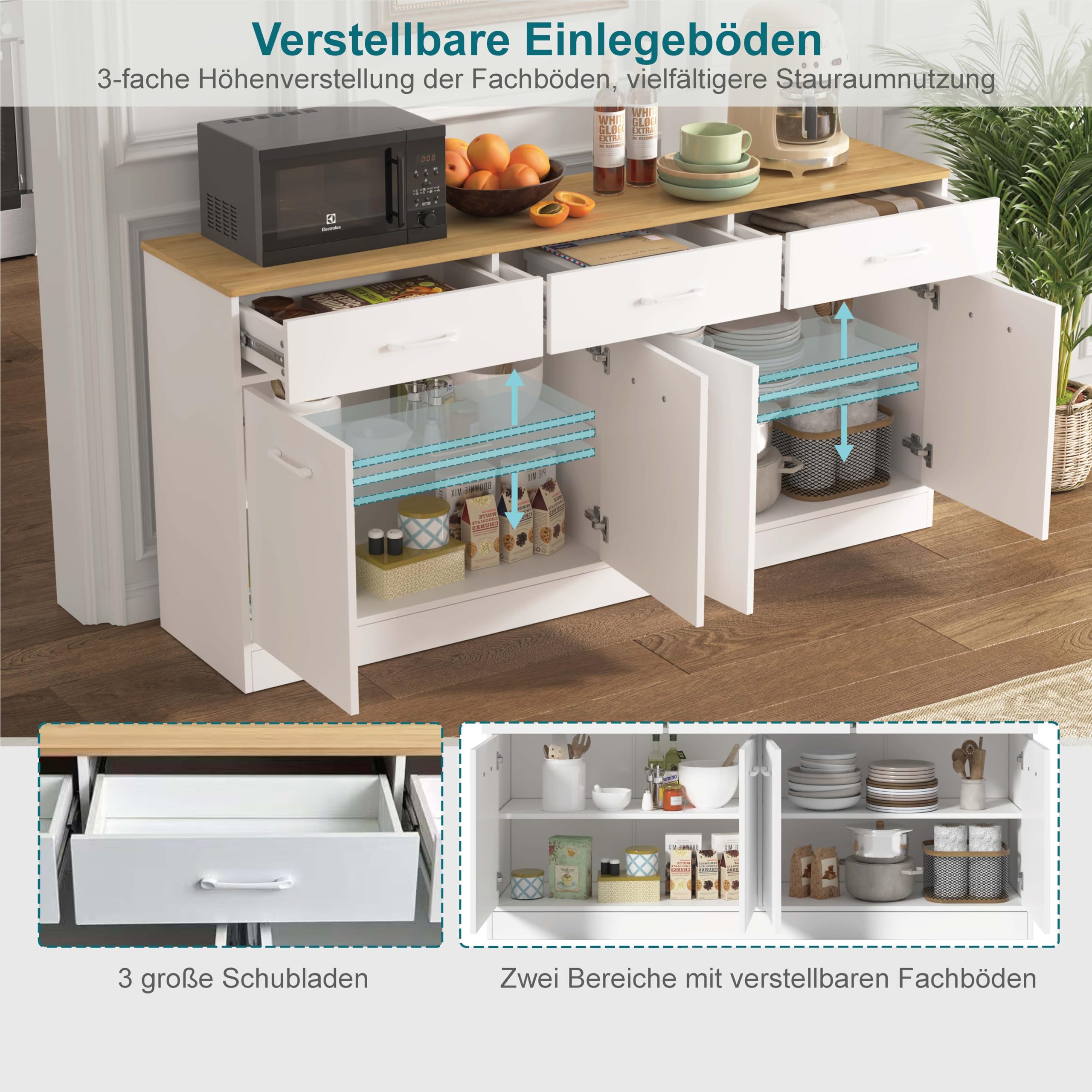 Küchenschrank Sideboard 160 cm mit 3 Schubladen und verstellbaren Einlegeböden, Kücheninsel mit Arbeitsplatte in Holzoptik, Vorratsschrank für Küche, Esszimmer und Wohnzimmer, Weiß