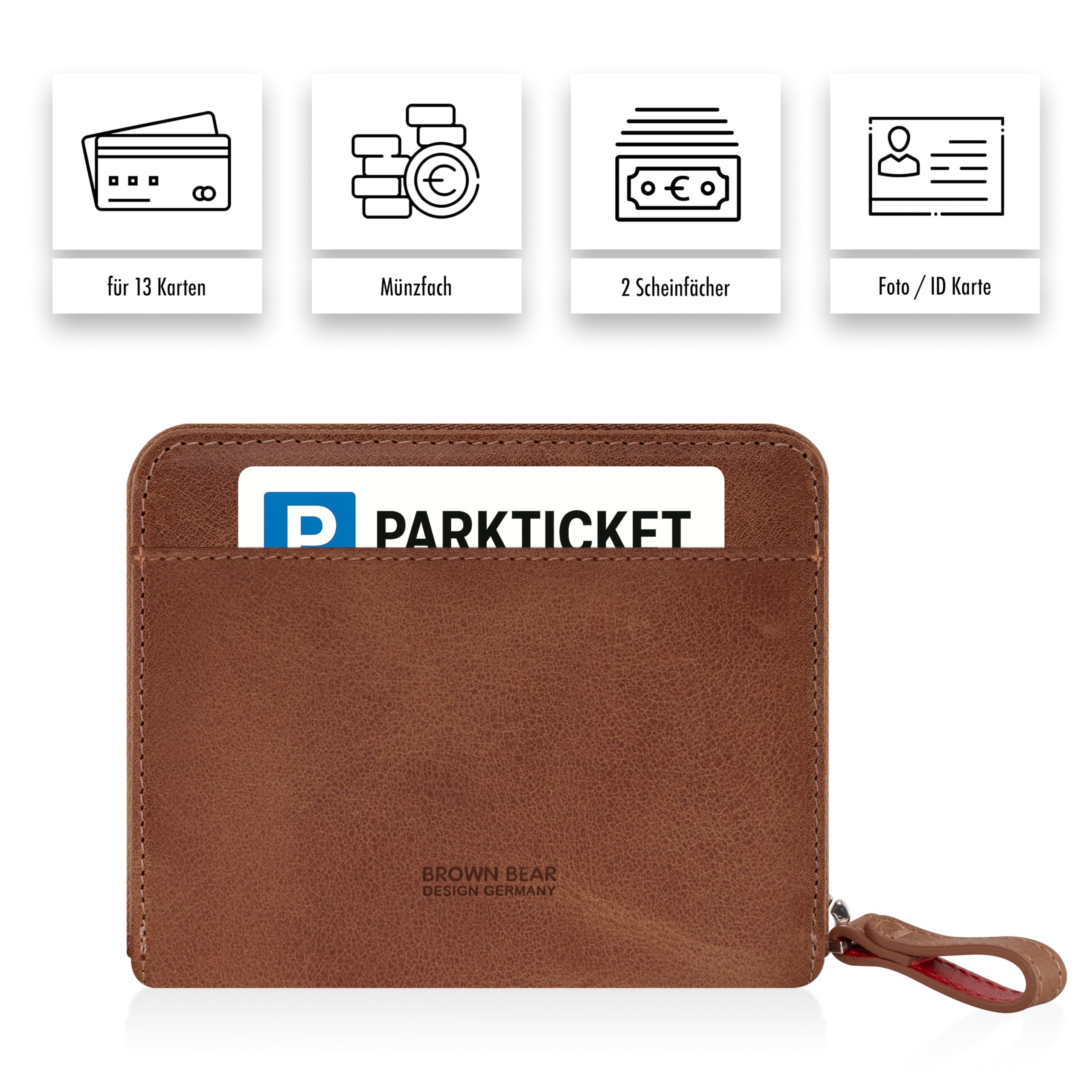 BROWN BEAR Geldbörse Leder Braun mit Reißverschluss & Münzfach - BB Pia HBR | Echtleder Whiskey Vintage Portemonnaie Unisex für Damen und Herren Geldbeutel RFID-Schutz viele Fächer kompakt