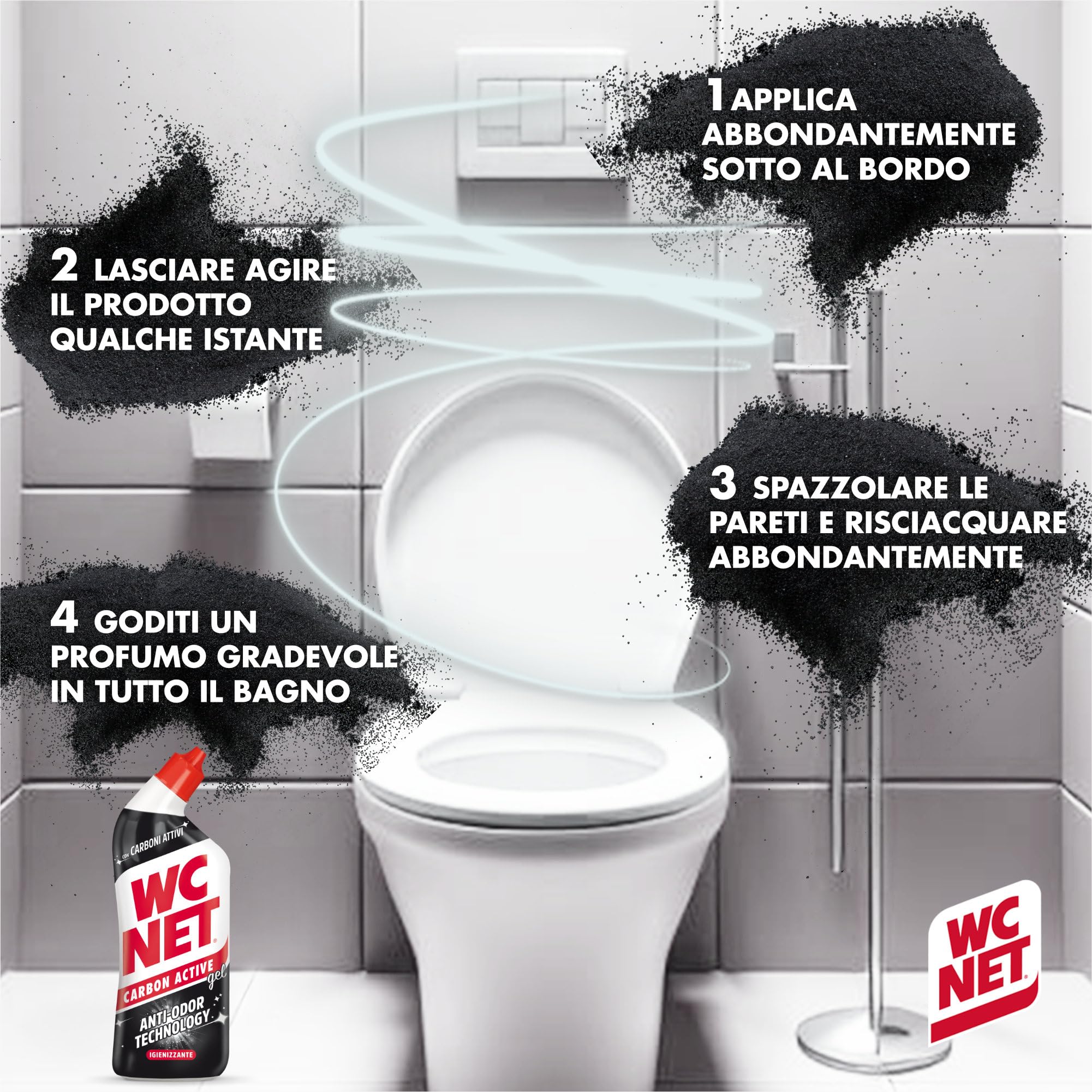 Wc Net – Carbon Active Anti-Odor, Detergente Liquido per WC con Carboni Attivi, Contrasta i Cattivi Odori del WC, 700ml x 4 Confezioni