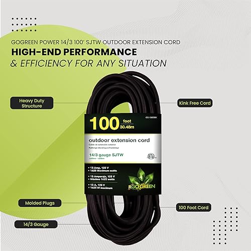Miniatura 5 de Go Green Power Inc. (GG-13800BK) - Cable de extensión 143 SJTW para exteriores color negro, 100 pies