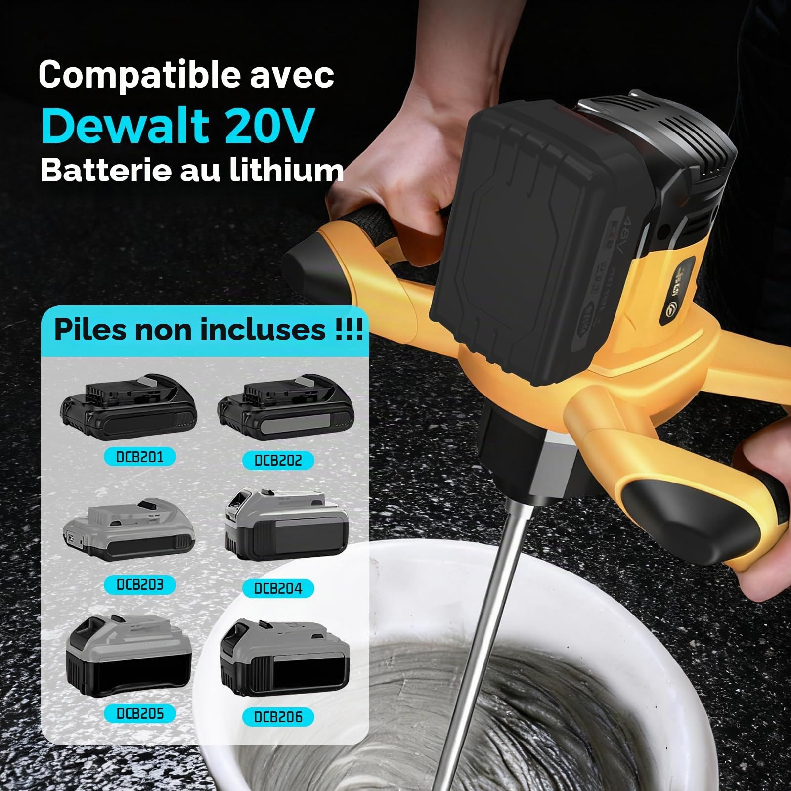 Mélangeur de mortier de couleur sans fil - Compatible avec batterie 20 V - Mélangeur de mortier professionnel sans balais - Avec 6 vitesses - Diamètre : 130 mm - Pour mélanger le plâtre, la colle