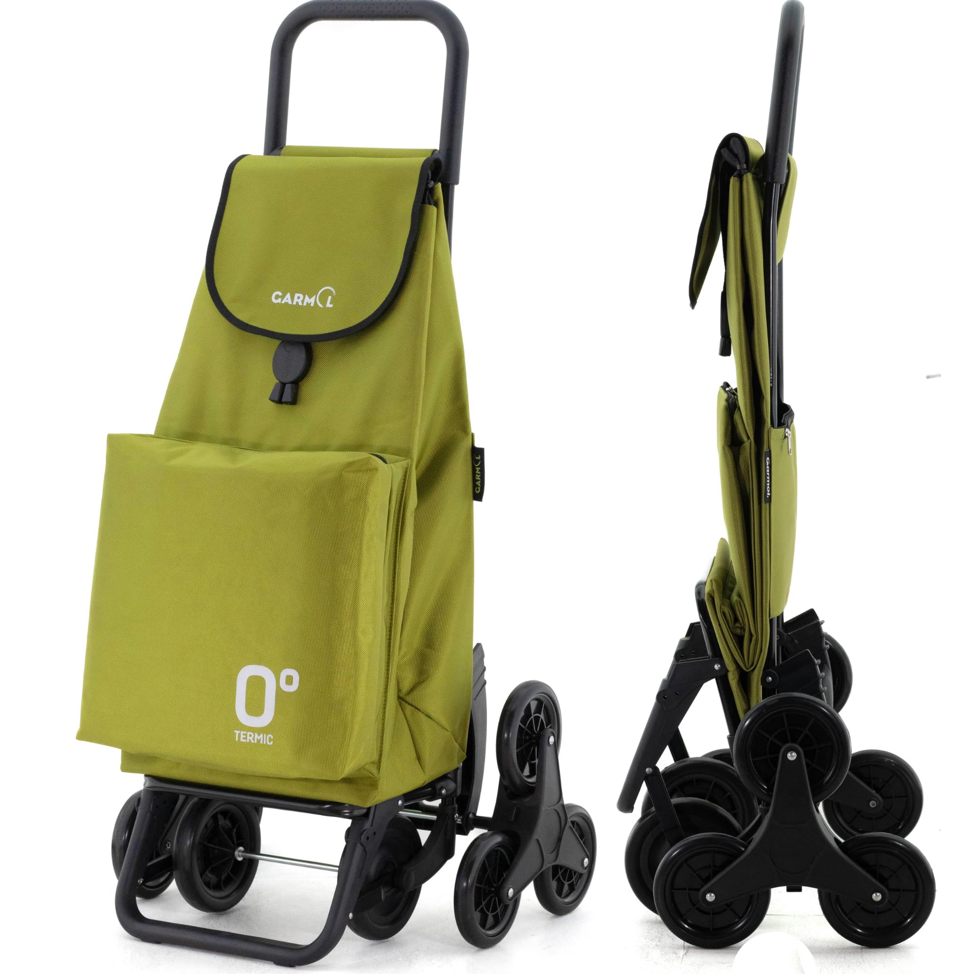 GARMOL Carrello per la spesa termico pieghevole da 55 litri | Tasca termica interna da 11 litri | Carrello della spesa 8 ruote scalate di grande capacità | Carrello pieghevole colore verde avocado