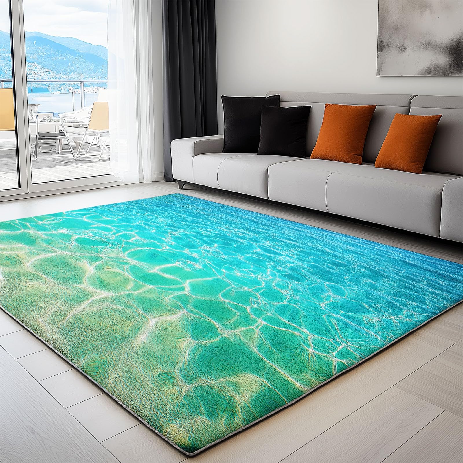 Generisch Waschbarer Teppich Flanell rutschfest - Moderner 3D Wasser Optik Läufer für Wohnzimmer, Küche & Flur, Kurzflor Bodenmatte für Erwachsene & Kinder, Blau80 x 150 cm