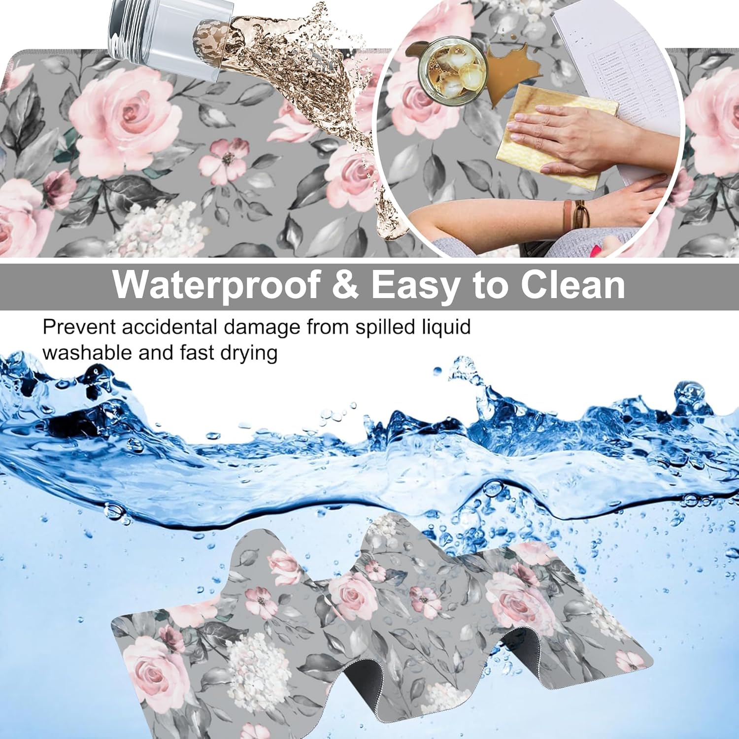 Pink Roses Desk Mat,Large Spring Blooming Flowers and Leaves Gaming Keyboard Mouse Pad,Non-Slip Rubber Base Desk Pad Thick Stitched Edges Waterproof Mousepad Mouse Mat 31.5"x11.8" - Image 4