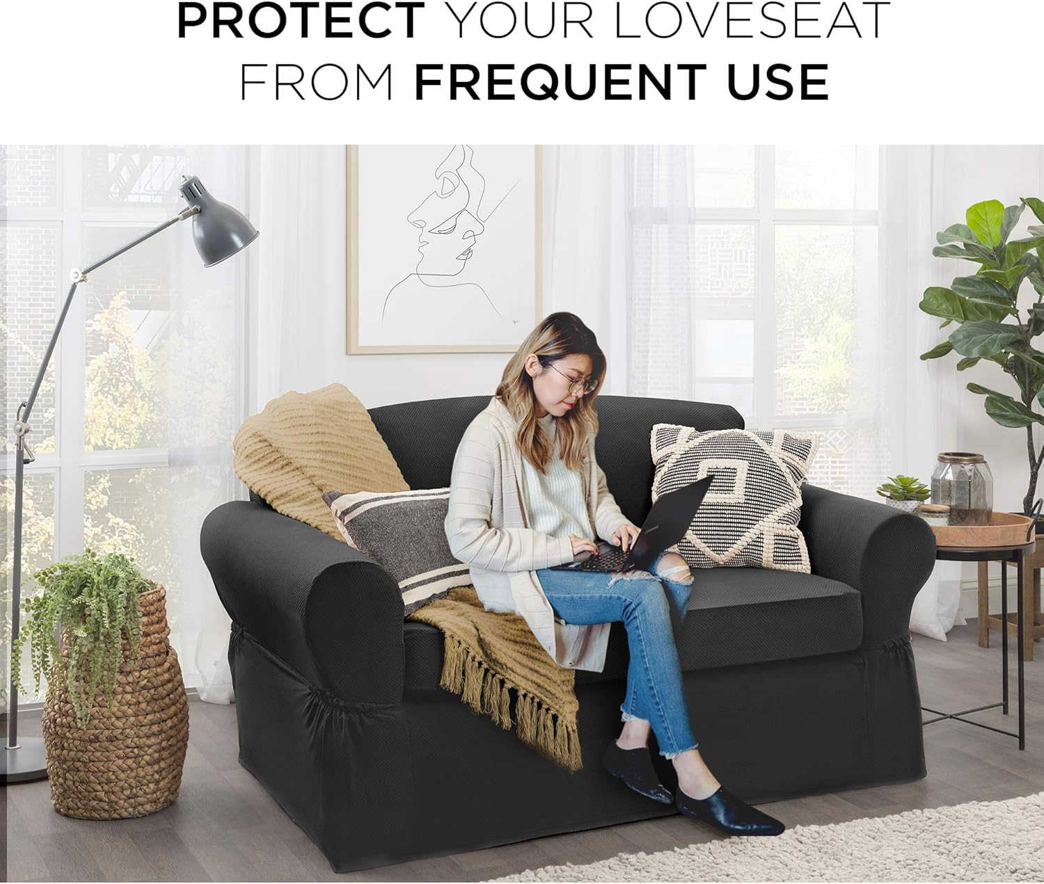Maytex Pixel 2 Piece Loveseat Slipcover, Black