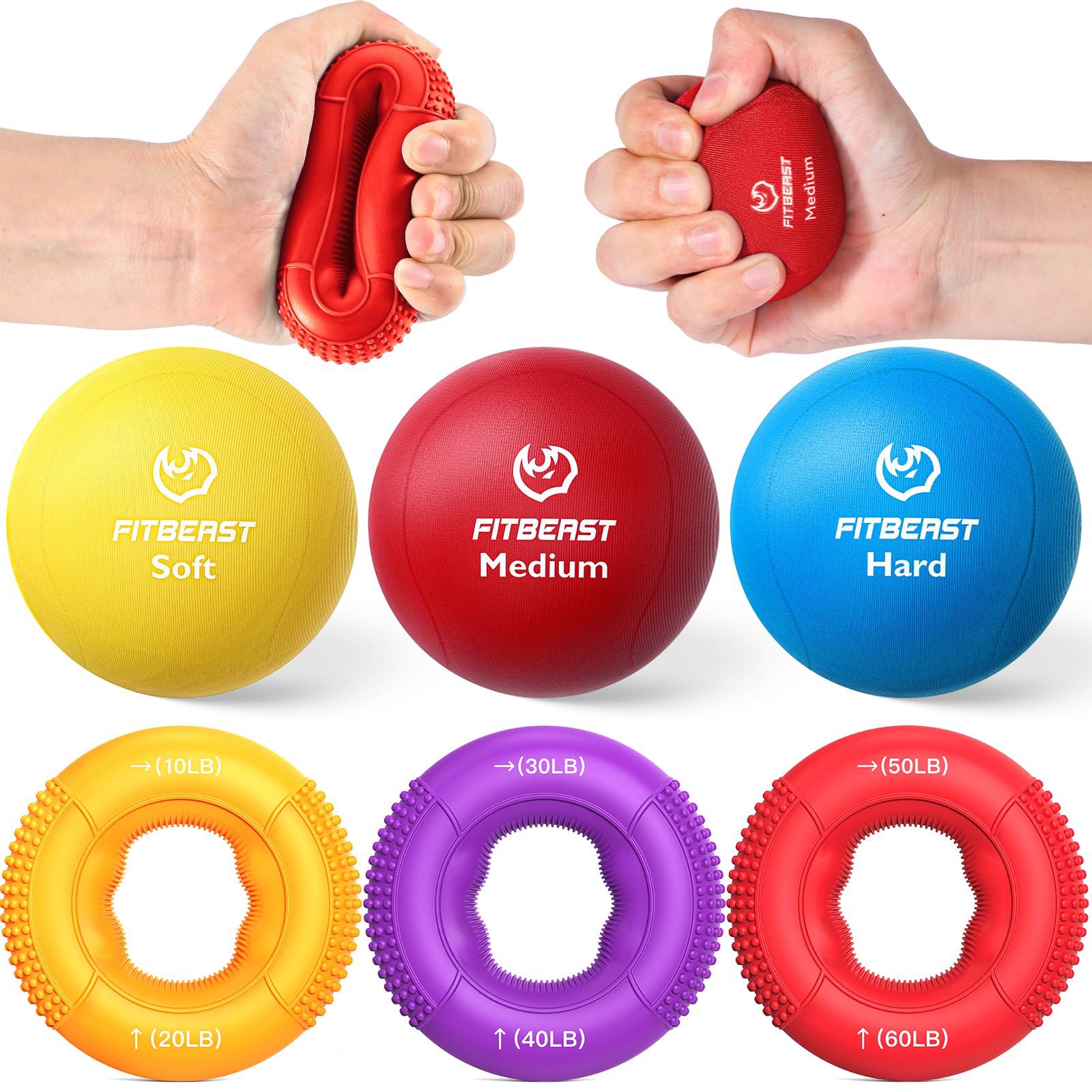 FitBeast Grip Strength Trainer, Finger Exerciser, Stress Balls for Adults 6-Piece Kit, Hand Therapy for Strength, Recovery & Stress Relief, Forearm Strengthener for Men, Women & Seniors