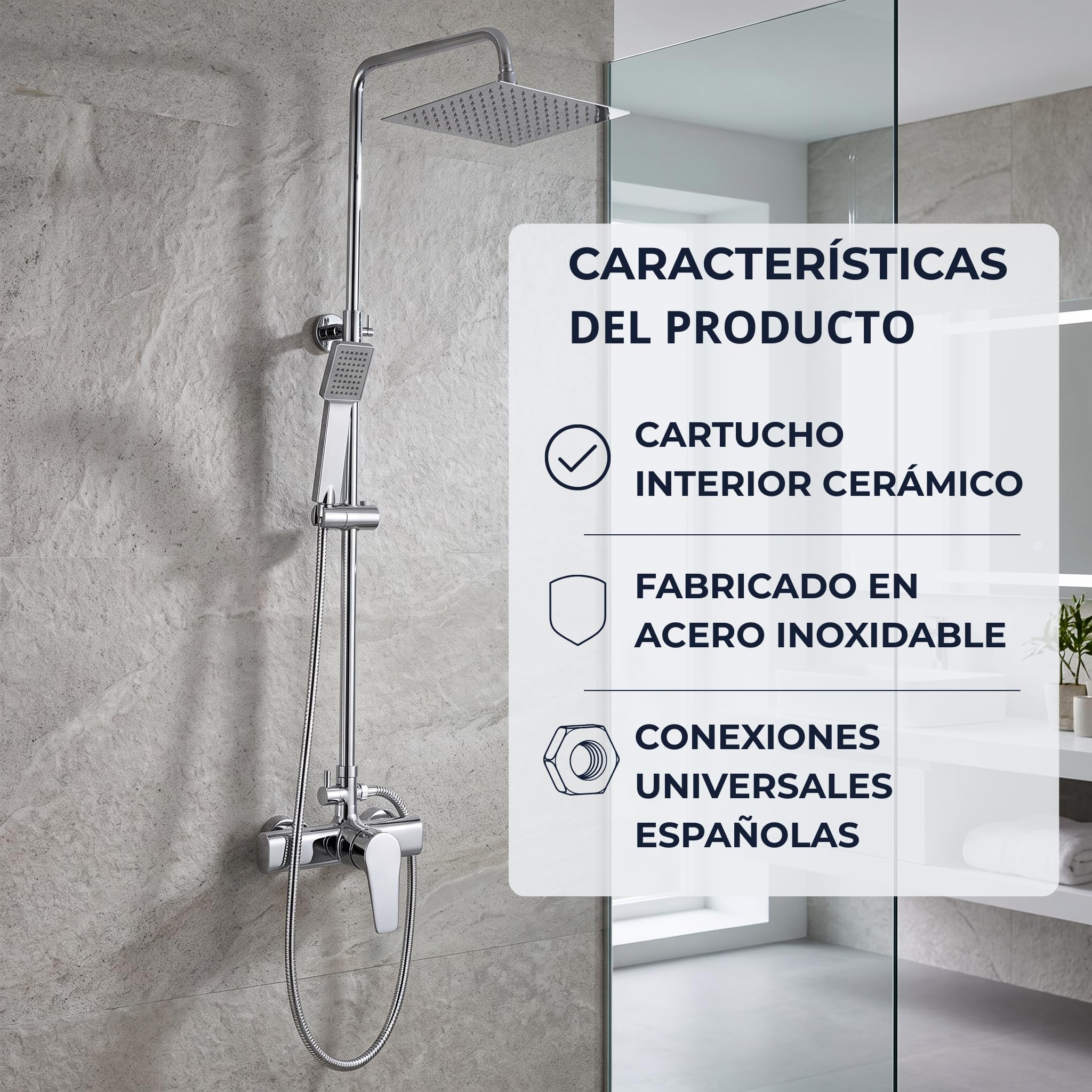 Columna Ducha - Columna Ducha Monomando - Grifo Ducha Columna -Grifo Ducha | Set de ducha completo - ACERO INOXIDABLE - Conexiones Universales - Incluye todo lo necesario para su montaje