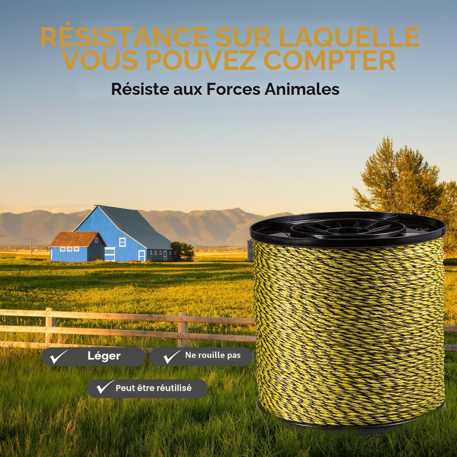 Fil de Clôture Électrique 1067 m / 3500 ft – Diamètre 2,3 mm | 6 Conducteurs en Acier Inoxydable & 24 Fibres PE, Haute Visibilité Jaune-Noir pour Chevaux et Bétail