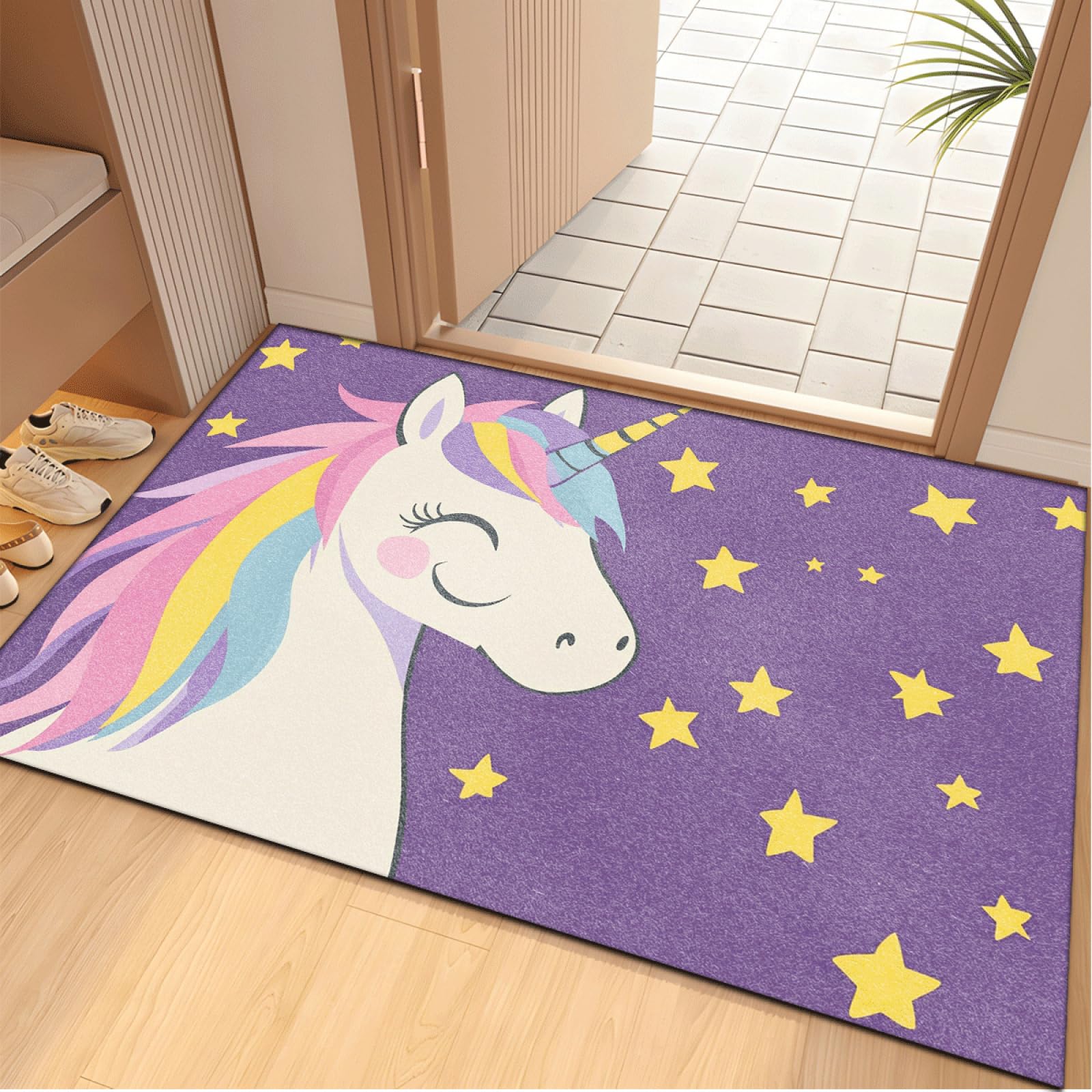 Paillasson Exterieur Entree Licorne Étoile Violette Tapis Entree Interieur Facile à Nettoyer Paillasson Interieur Antidérapant Lavable en Machine pour Chambre Cuisine Couloir 60x90 cm