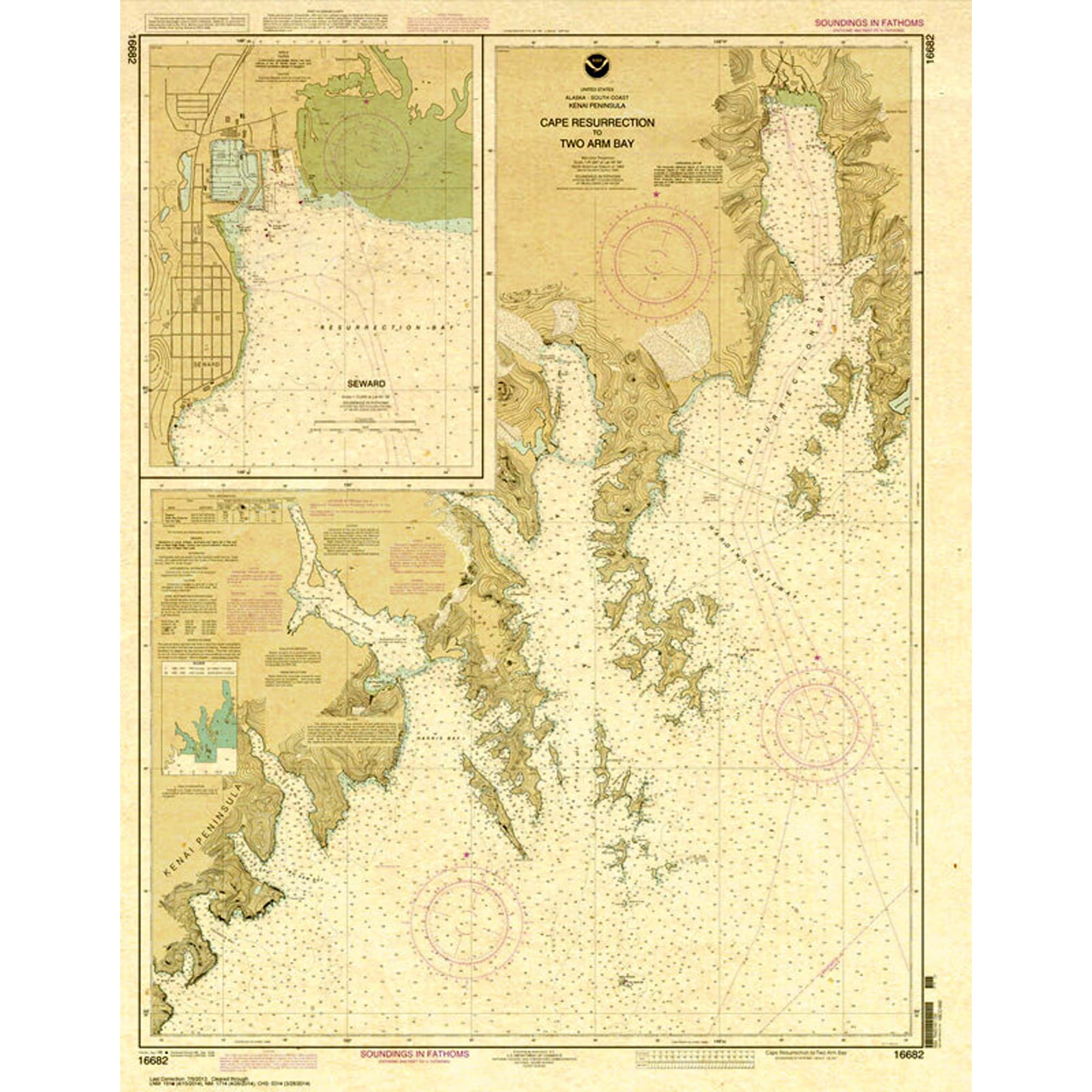 Paradise Cay Publicatoins, Inc. Historical NOAA Chart 16682: Cape Resurrection to Two Arm Bay;Seward - Print on Demand - Historic Version or Updated NCC
