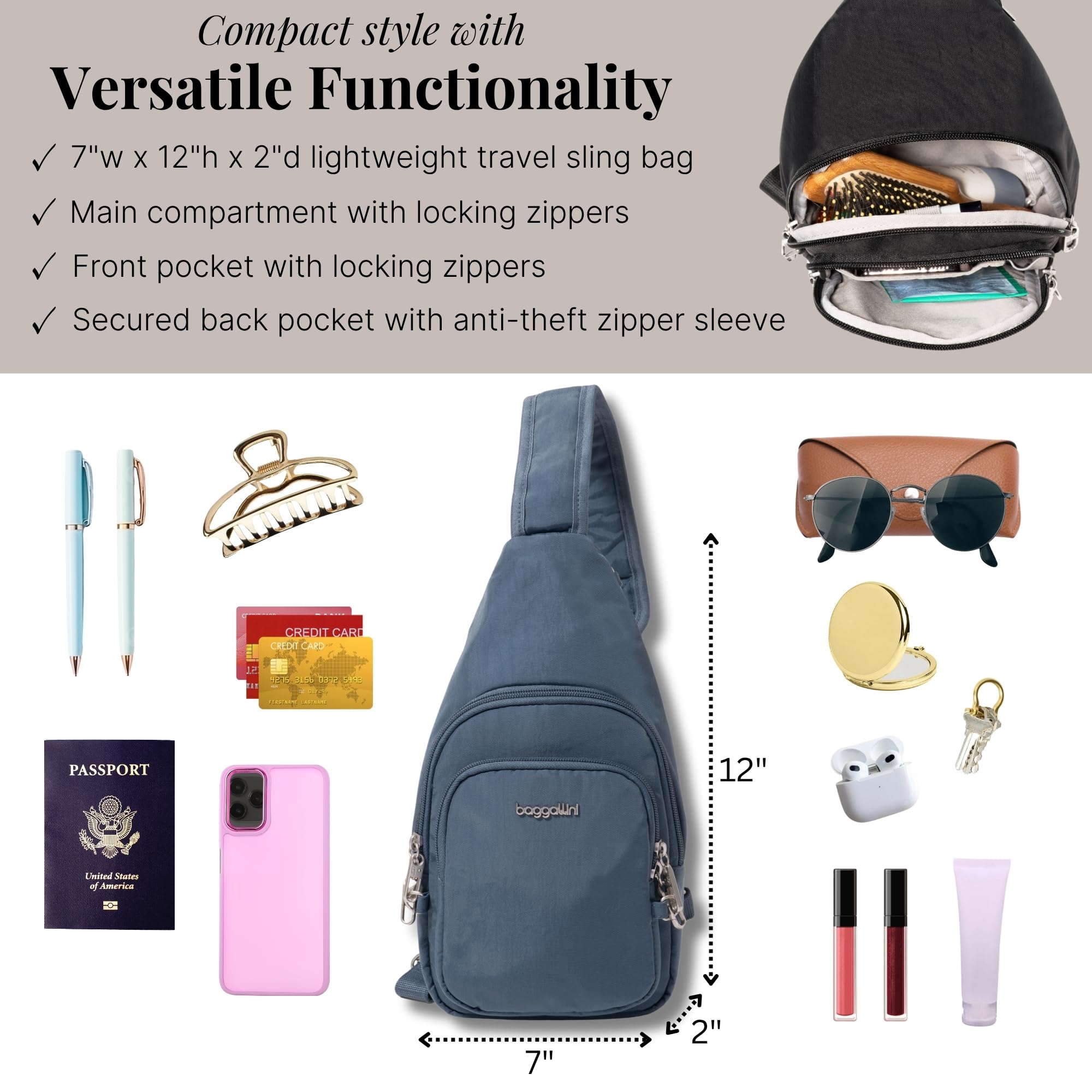 Baggallini - Securtex Anti-theft Daytripper Sling, Securtex - Cinghia antifurto Daytripper Donna