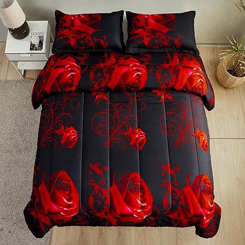 Miniatura 5 de Juego de edredón rojo reversible con patrón de rosas rojas con 2 fundas de almohada para todas las estaciones, juego de ropa de cama ligero de