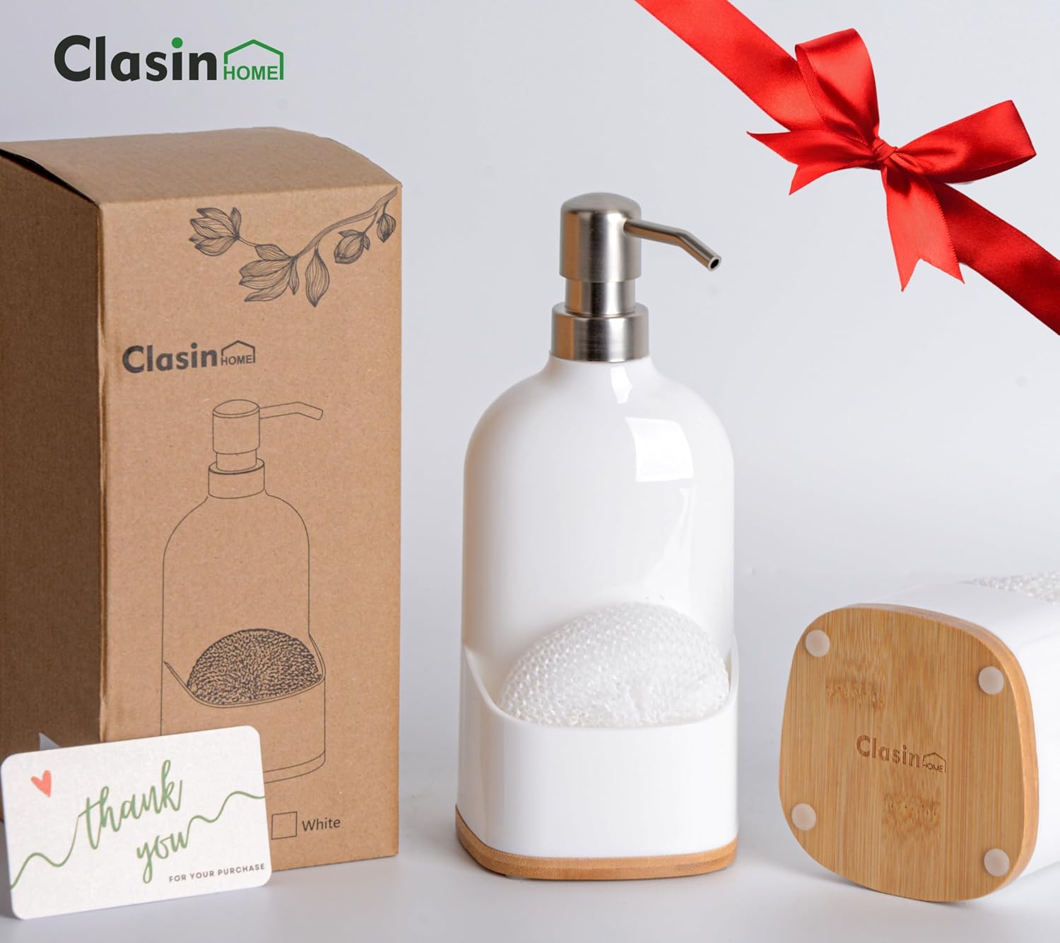 Clasin Home Kitchen Soap Dispenser with Sponge Holder, Refillable Acrylic Dish Soap Dispenser 17oz for Kitchen Sink and Bathroom, Anti Slip, Countertop Home Decor (White)