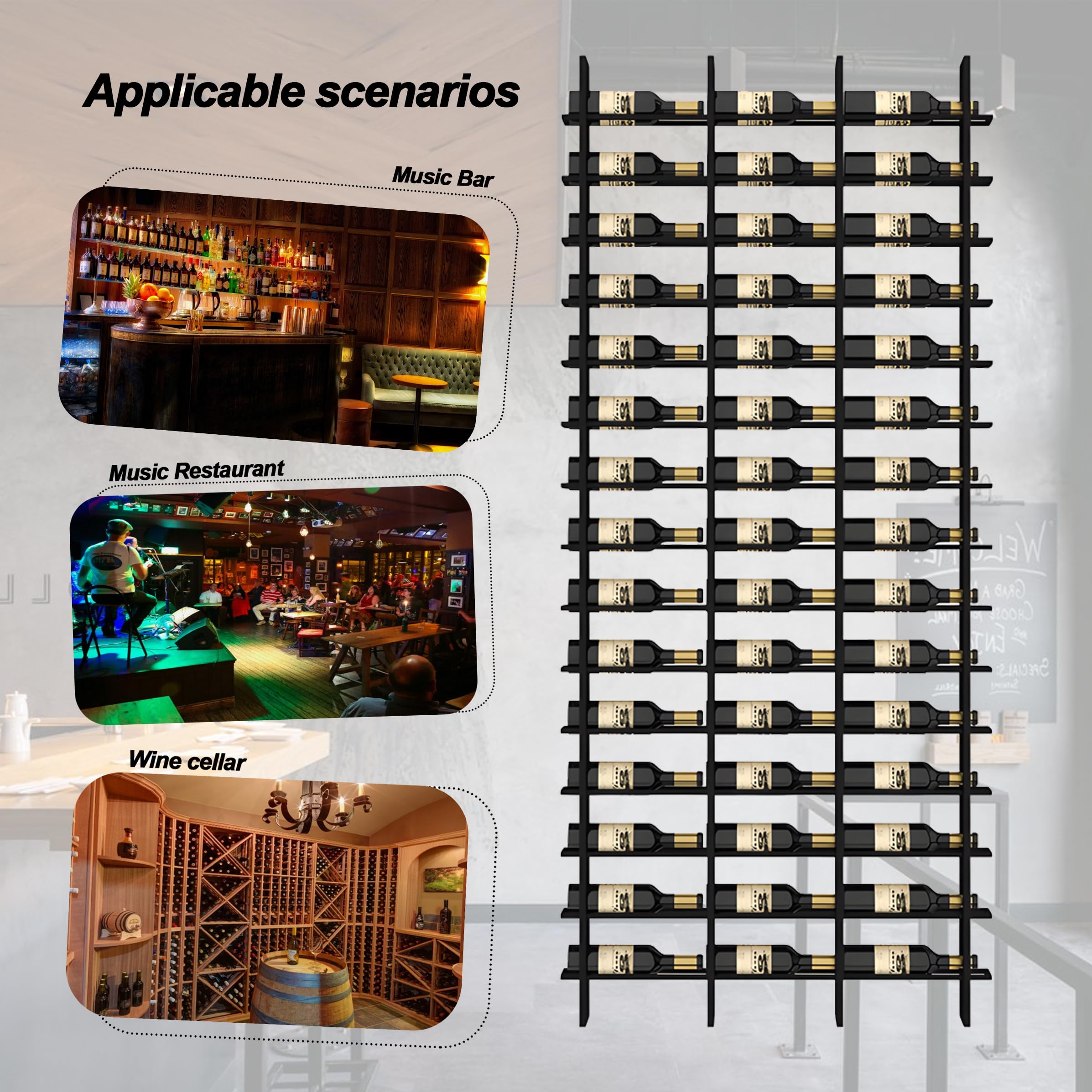 Scaffali da Bar in Metallo da Parete, portabottiglie Grande da 48 Bottiglie, Nero, 16 Ripiani, per stoccaggio Industriale, per ristoranti Commerciali, dispensa, Cantina (Nero, Bott