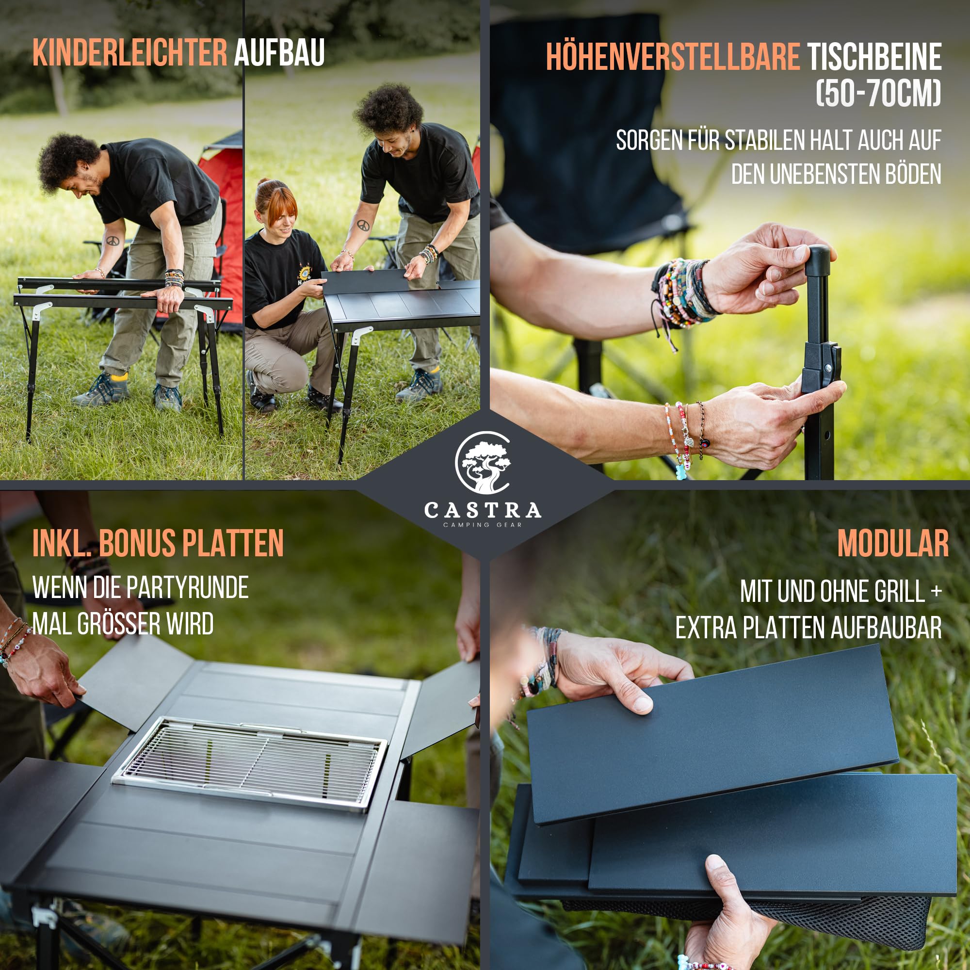 Castra Premium Campingtisch mit integriertem Grill – Aluminium 7075, höhenverstellbar, Outdoor wetterfest, innovatives Faltsystem, Multifunktionstisch & Camping Zubehör für Garten, Reisen & Angeln