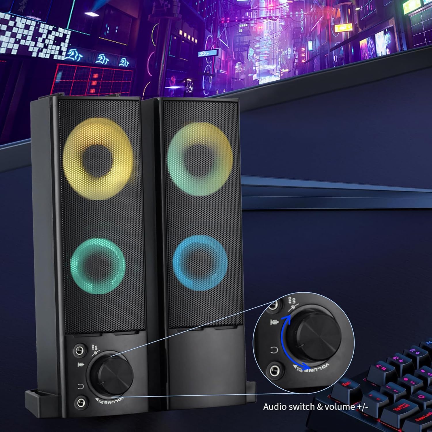 Wired Computer Speakers Designed for Desktop Devices USB Plug-and-Play Clear Sound with RGB Lighting Features Volume knob Ideal Gaming Speakers for Computers, laptops, Phones, and Tablets