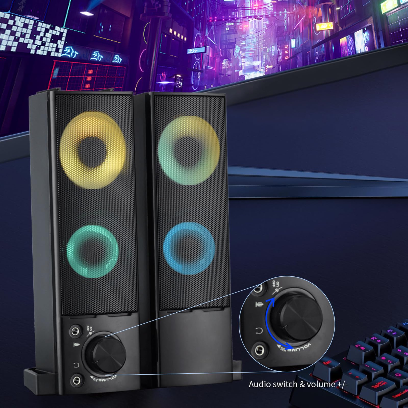 Altoparlanti per computer cablati progettati per dispositivi desktop USB Plug-and-Play suono chiaro con illuminazione RGB Caratteristiche manopola del volume Altoparlanti da gioco ideali per