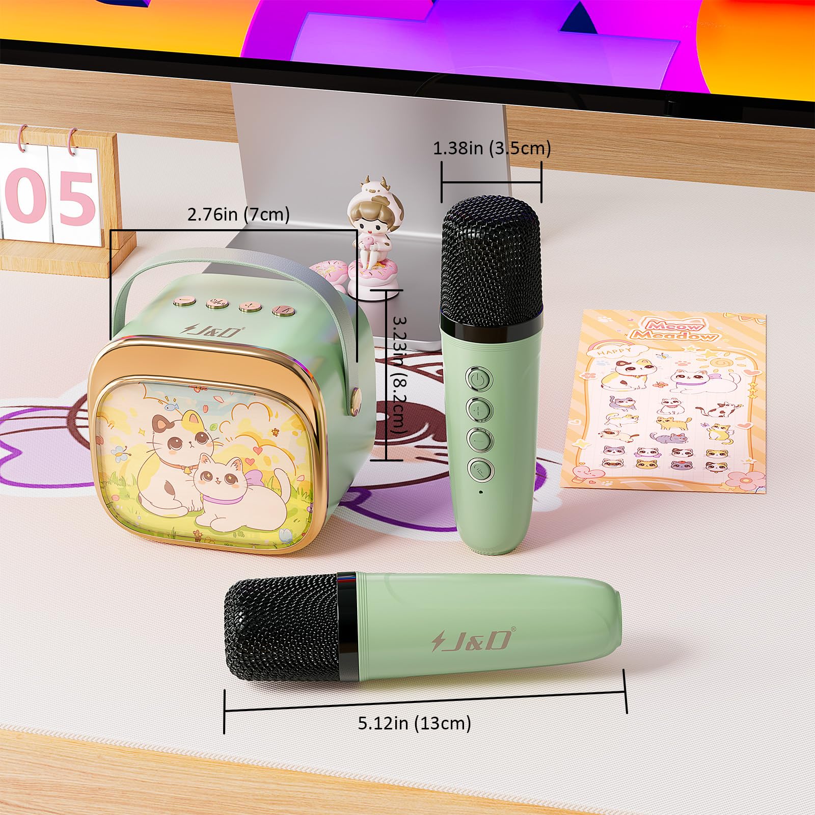 Mini máquina de karaoke para niños y adultos, altavoz Bluetooth portátil con 2 micrófonos inalámbricos y calcomanía de gato para niñas y niños de 3 a 10 años, regalos de cumpleaños, juguetes de 7