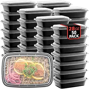 50-Pack Reusable Meal Prep Containers Microwave Safe Food Storage Containers with Lids, 28 oz - 1 Compartment Take Out Disposable Plastic Bento Lunch Box To Go, BPA Free - Dishwasher & Freezer Safe