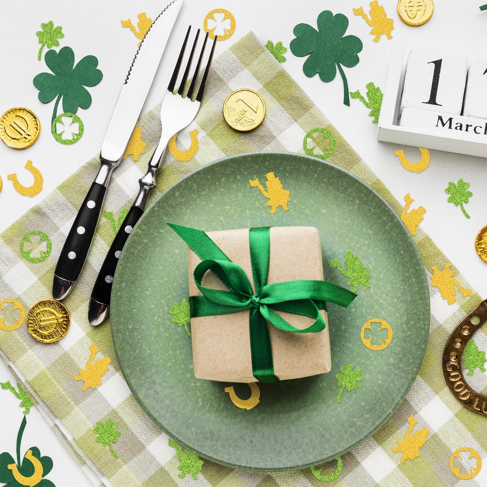 Hying 200 Stück St. Patrick's Day Konfetti Dekorationen für Tisch, irische Glückskleeblatt-Pailletten, Glitzer, Grüngold, Tischkonfetti, Hufeisen, Kobold, Papierkonfetti für St. Patrick's Day Party