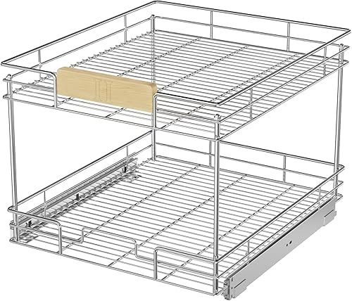 ROOMTEC Organizador de gabinete extraíble con mango de madera, 19 pulgadas de ancho x 21 pulgadas de profundidad, 2 niveles, cajones extraíbles para