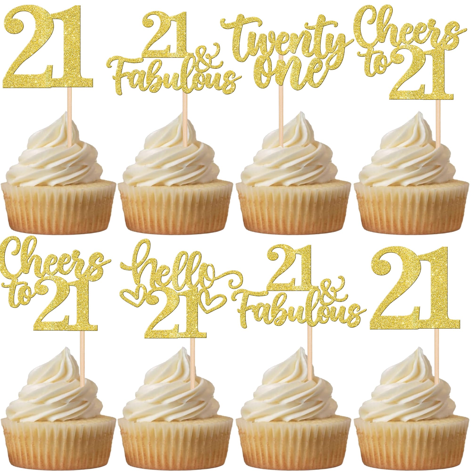 30 PCS Happy 21st Birthday Cupcake Toppers Glitter Twenty One Hello 21 Cupcake Picks 21 & Fabulous Cheers to 21 Years Cake Decorations for 21st