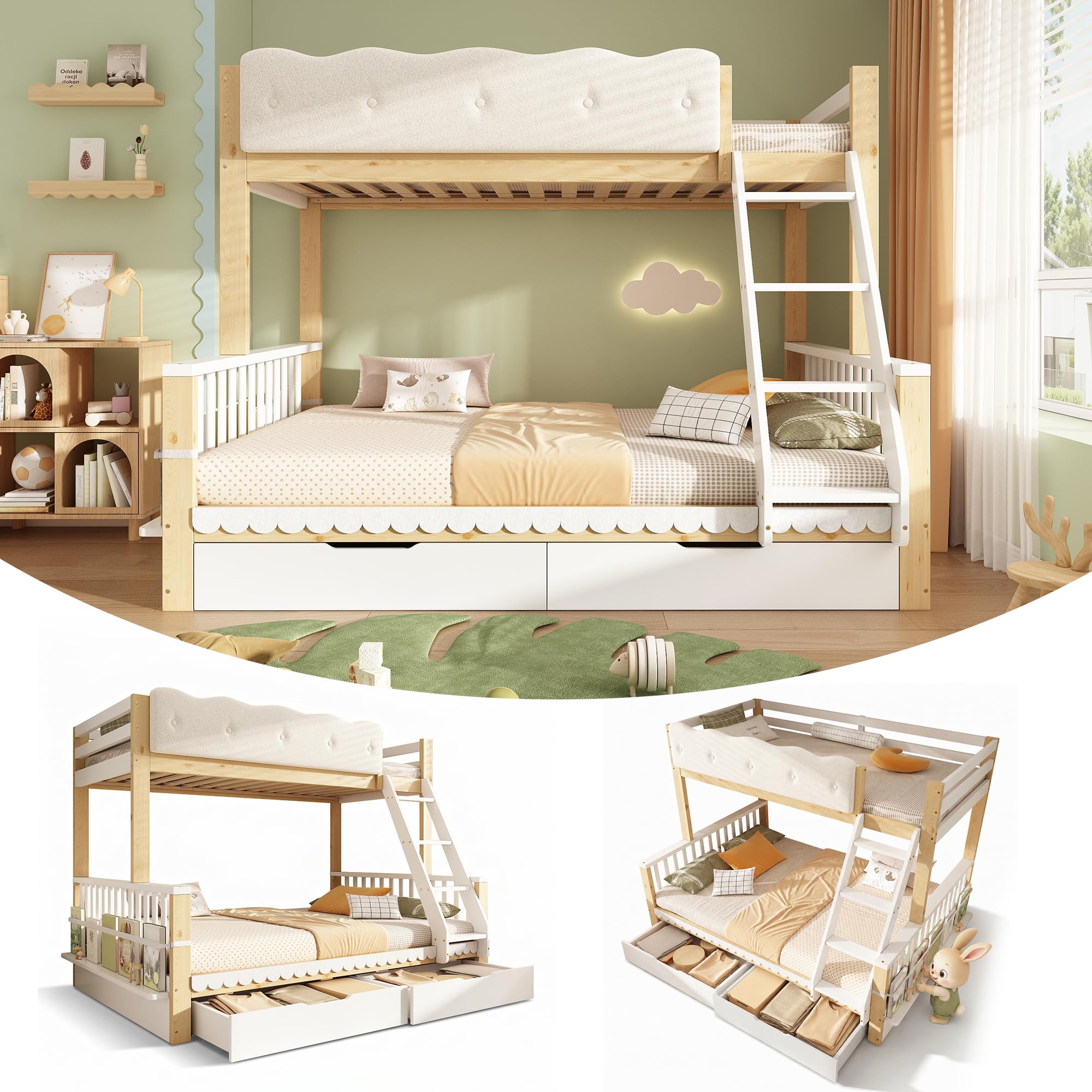 Zepneiy Lit Superposé 90x200 et 140x200 avec Balustrade nuageuse et tiroirs,Lit Enfant avec Porte-revues, pour Enfants et Adultes,Blanc et Chêne (sans Matelas)